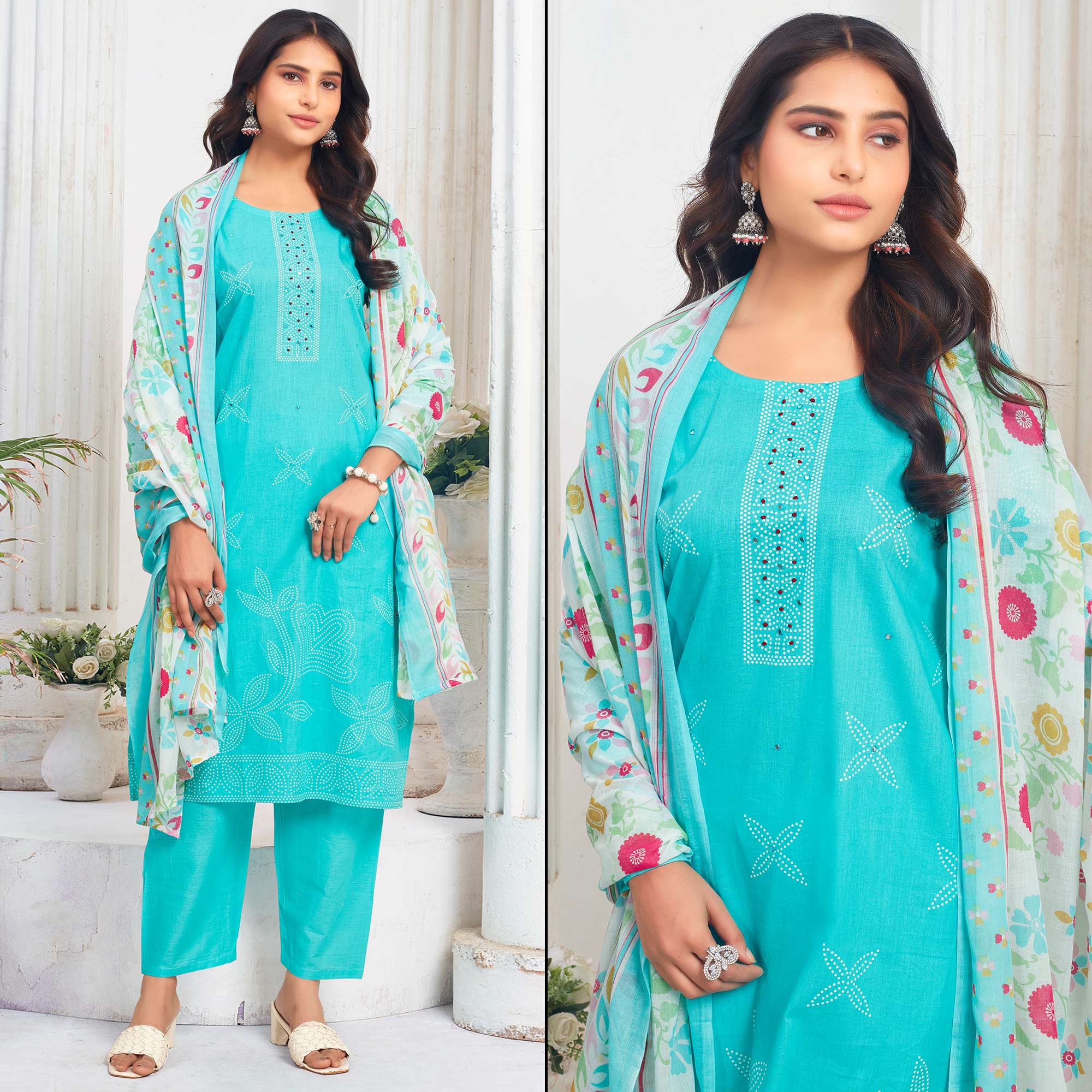 Turquoise Floral Printed Pure Cotton Salwar Suit