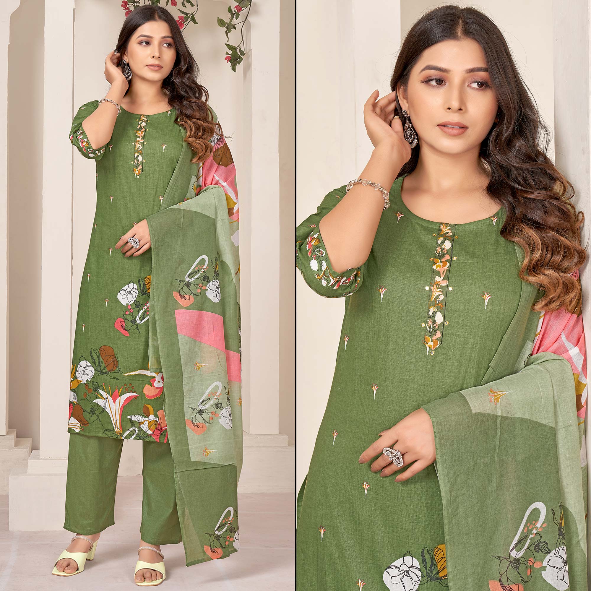 Green Floral Printed Pure Cotton Straight Salwar Suit