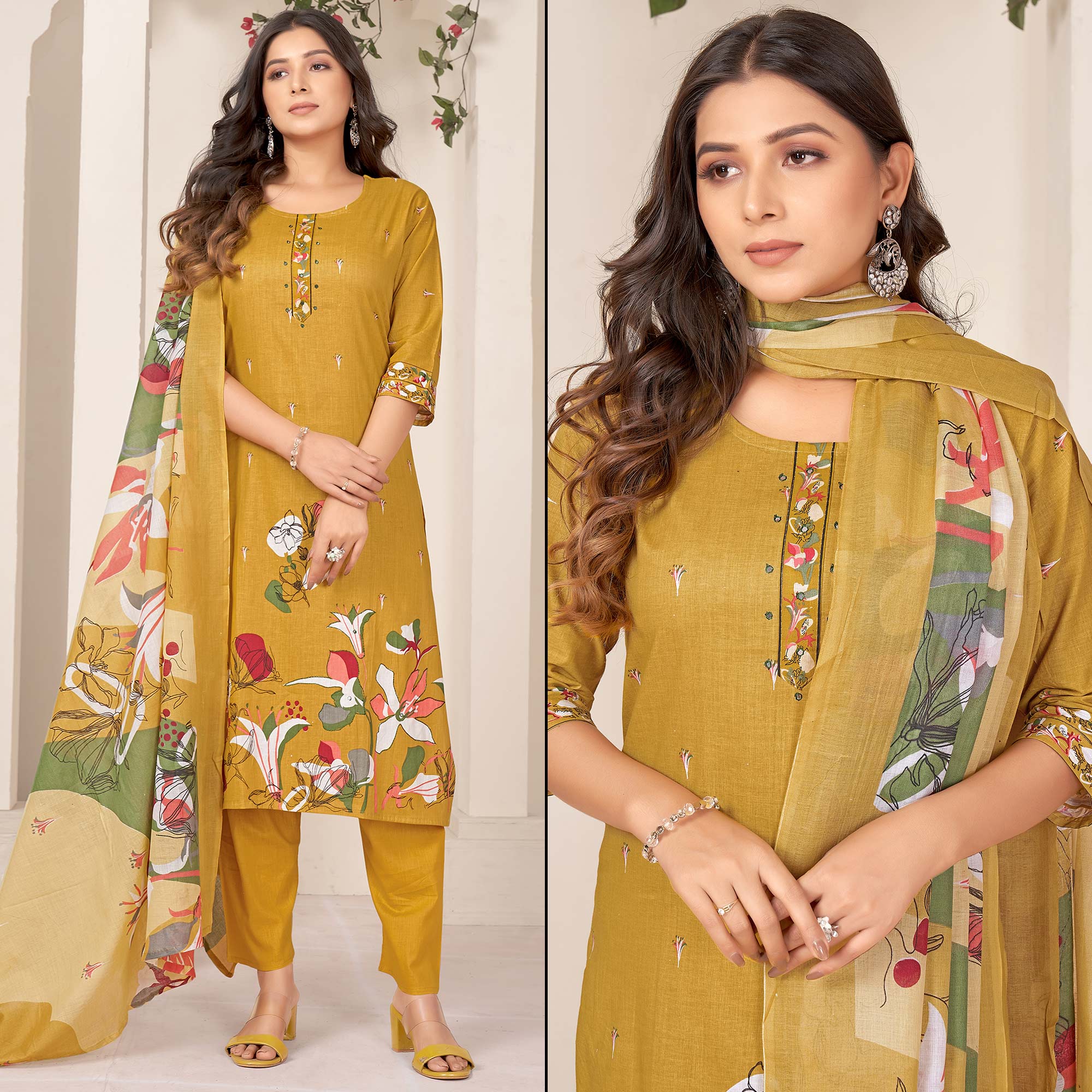 Mustard Floral Printed Pure Cotton Straight Salwar Suit