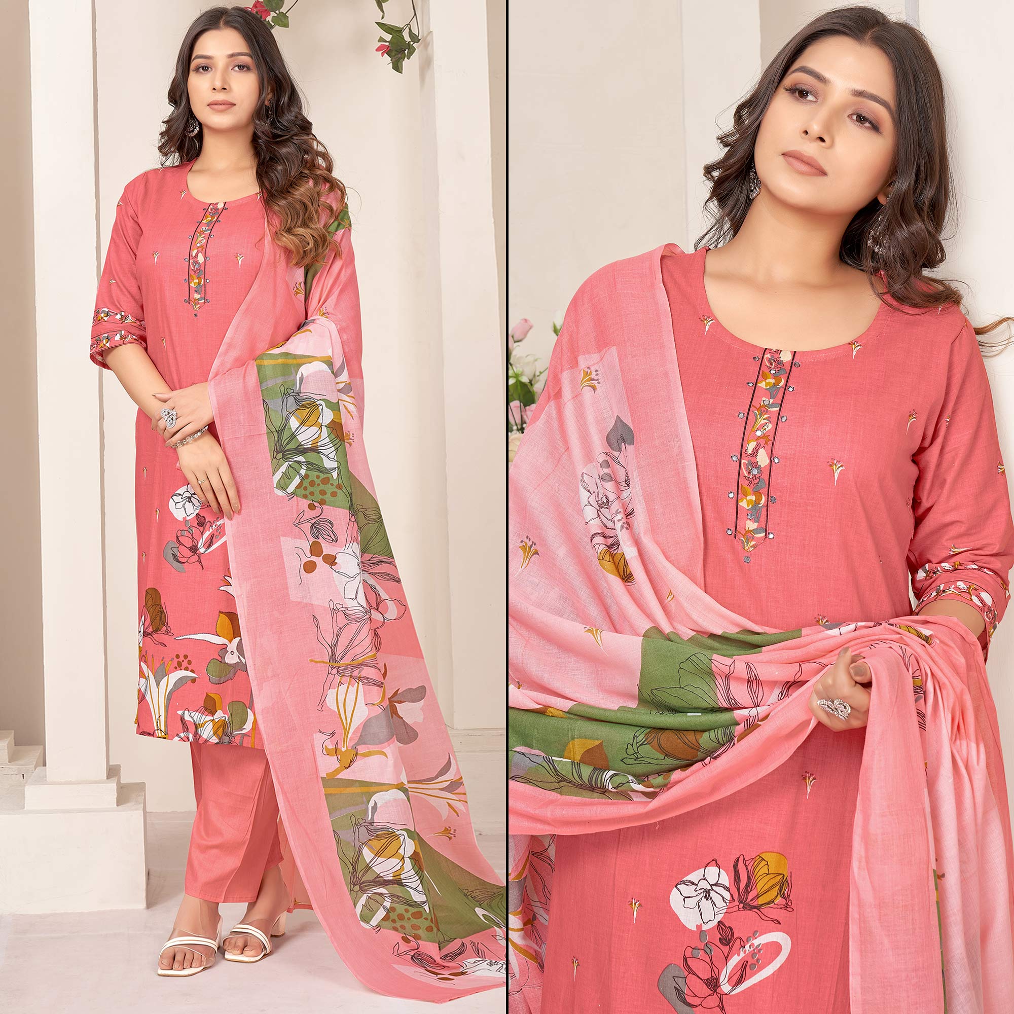 Peach Floral Printed Pure Cotton Straight Salwar Suit