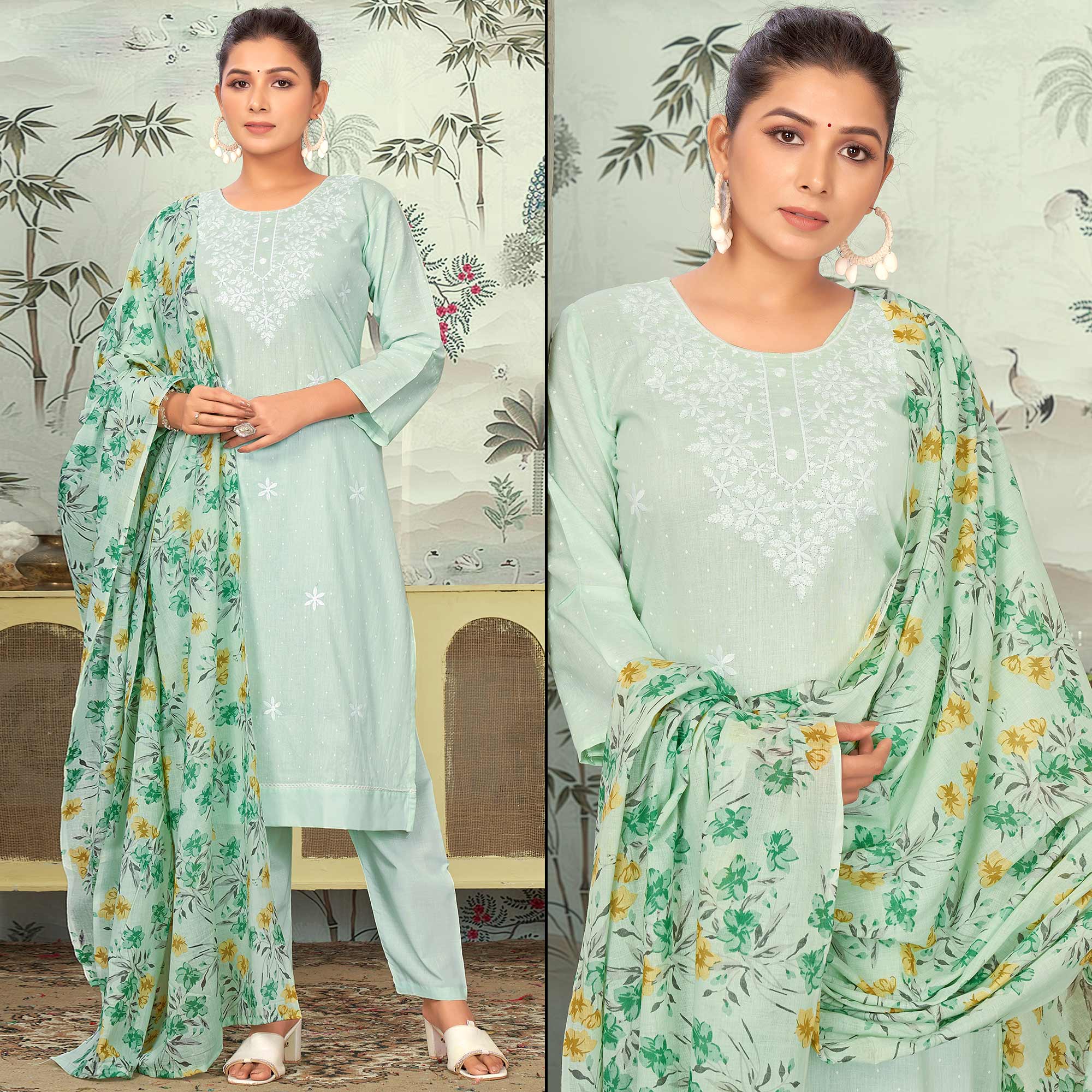 Sea Green Embroidered Pure Cotton Salwar Suit