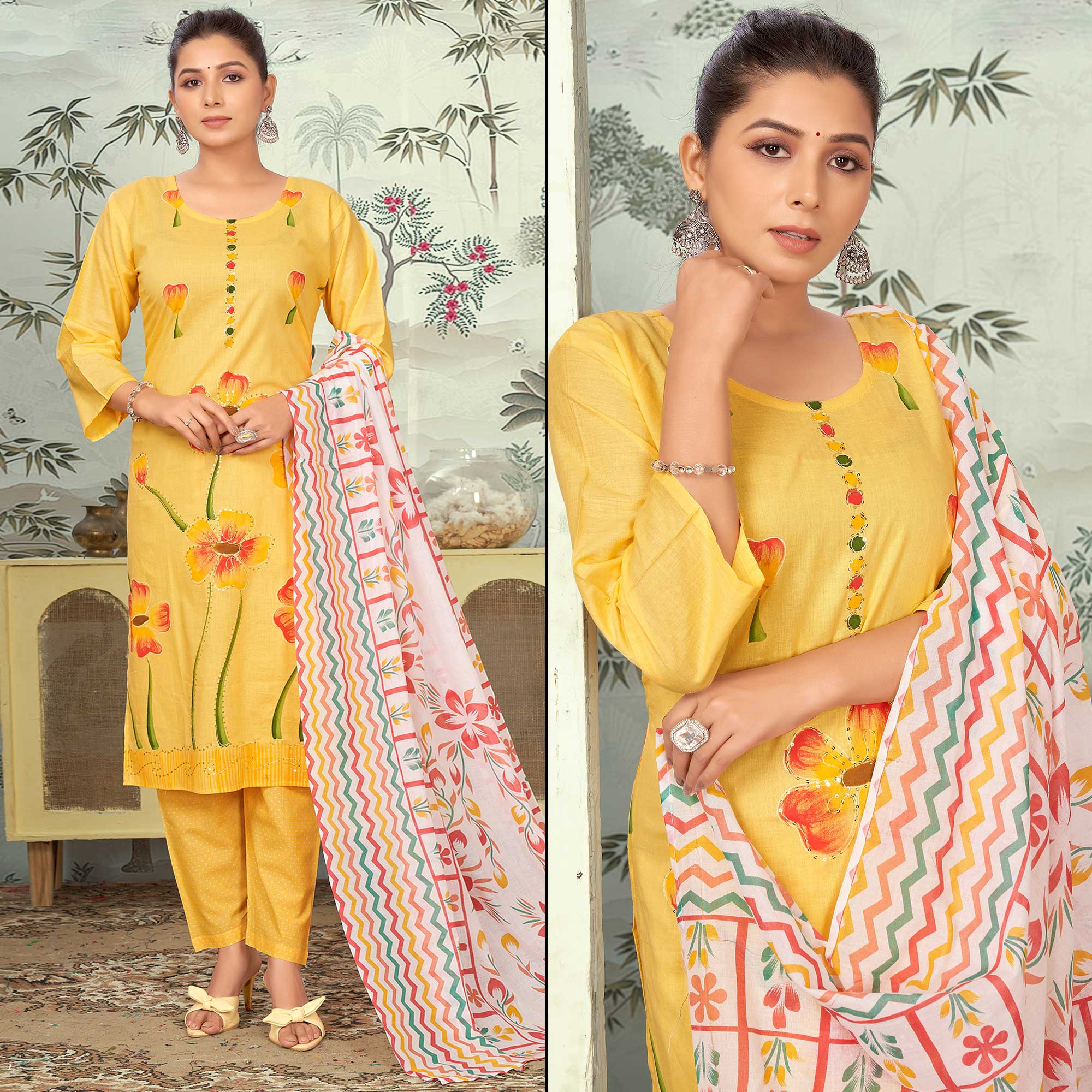 Mustard Floral Printed Pure Cotton Salwar Suit