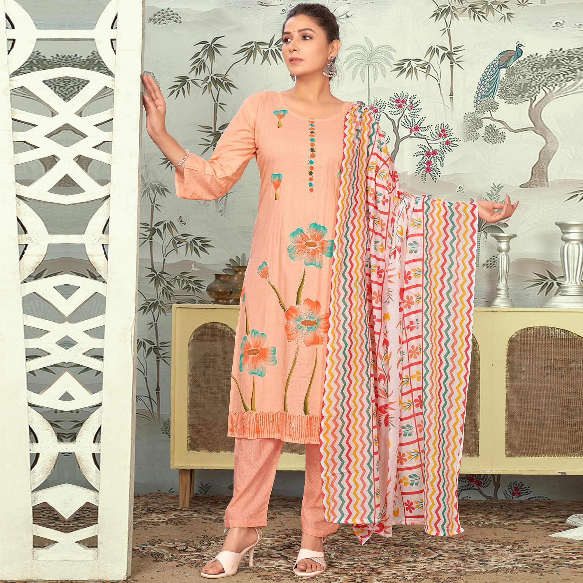 Peach Floral Printed Pure Cotton Salwar Suit