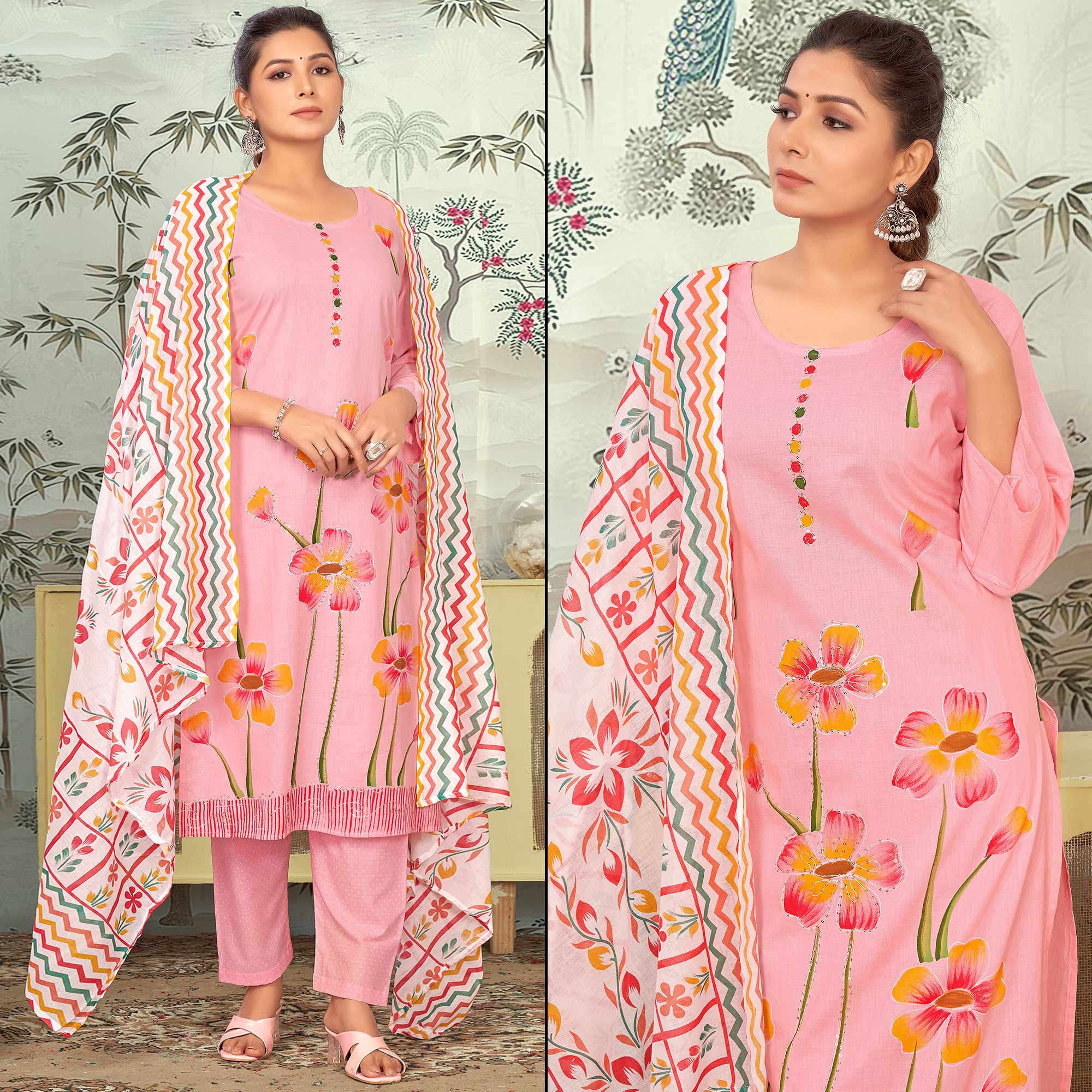 Pink Floral Printed Pure Cotton Salwar Suit