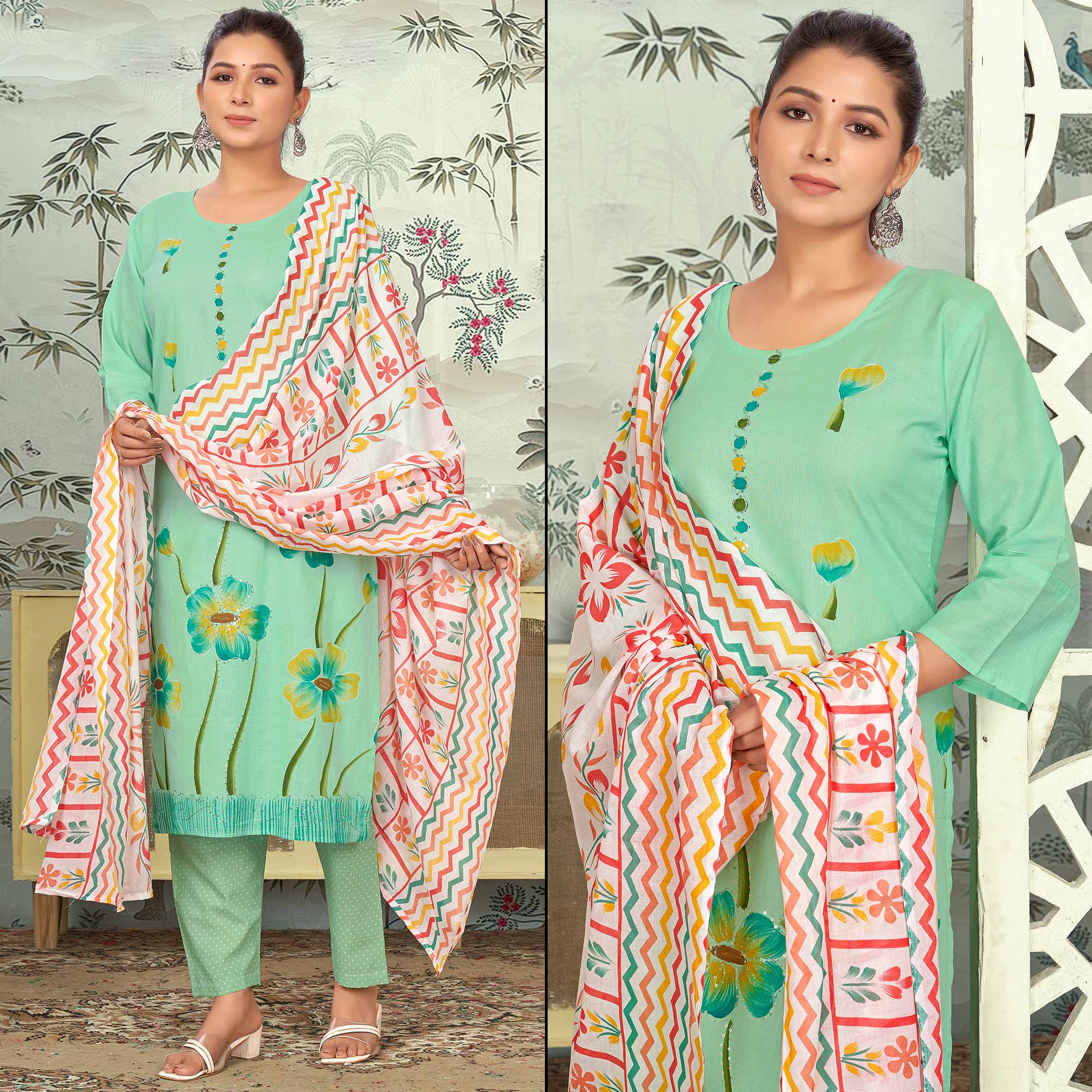 Sea Green Floral Printed Pure Cotton Salwar Suit