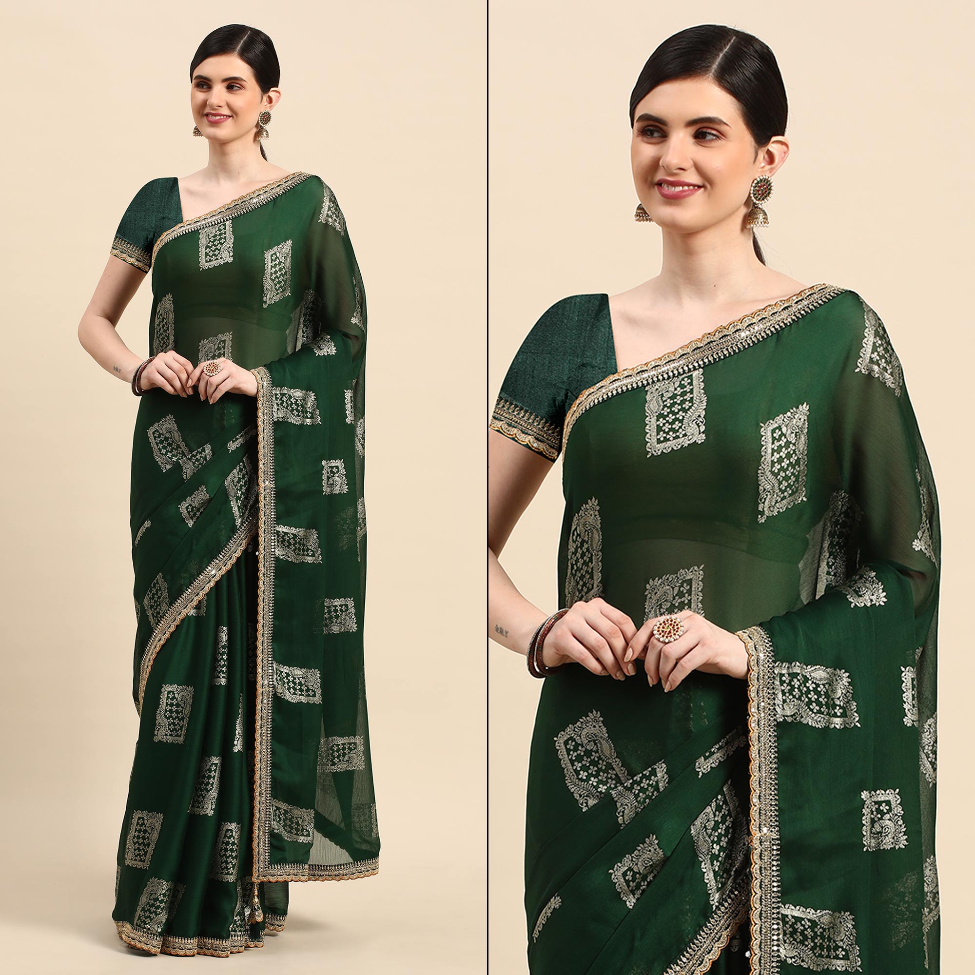 Green Foil Printed With Embroidered Border Chiffon Saree