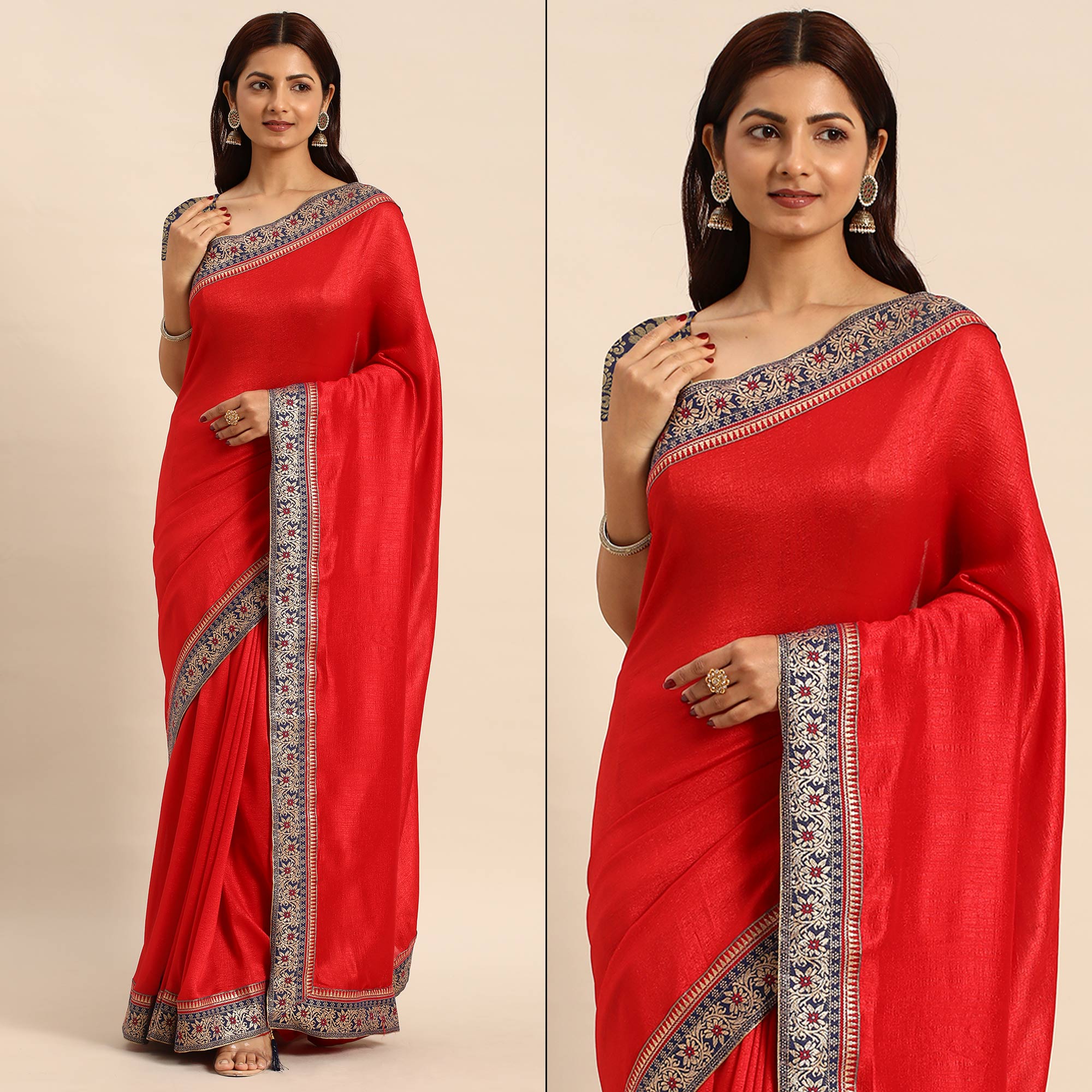 Red Solid Vichitra Silk Saree With Fancy Border