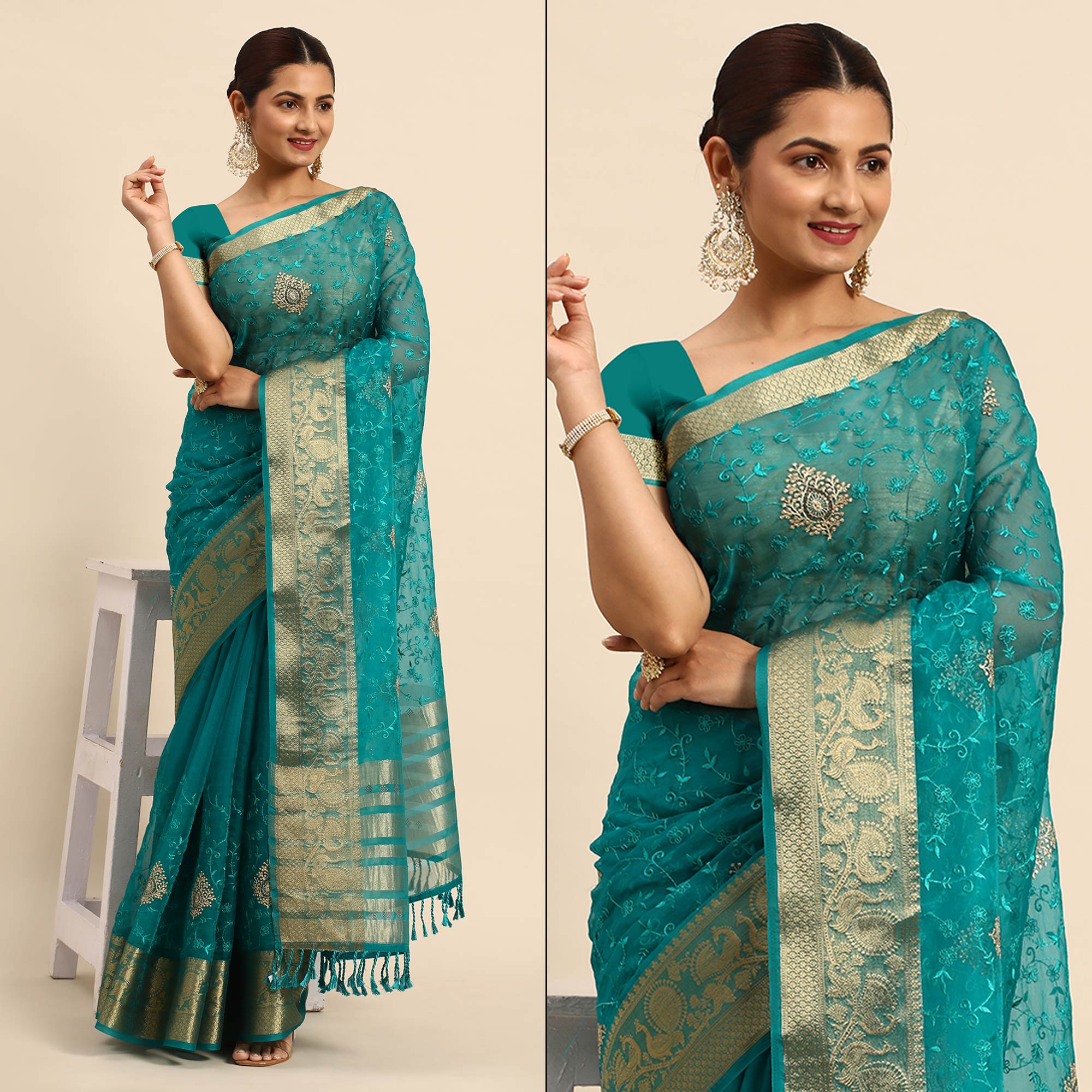 Blue Floral Embroidered Organza Saree