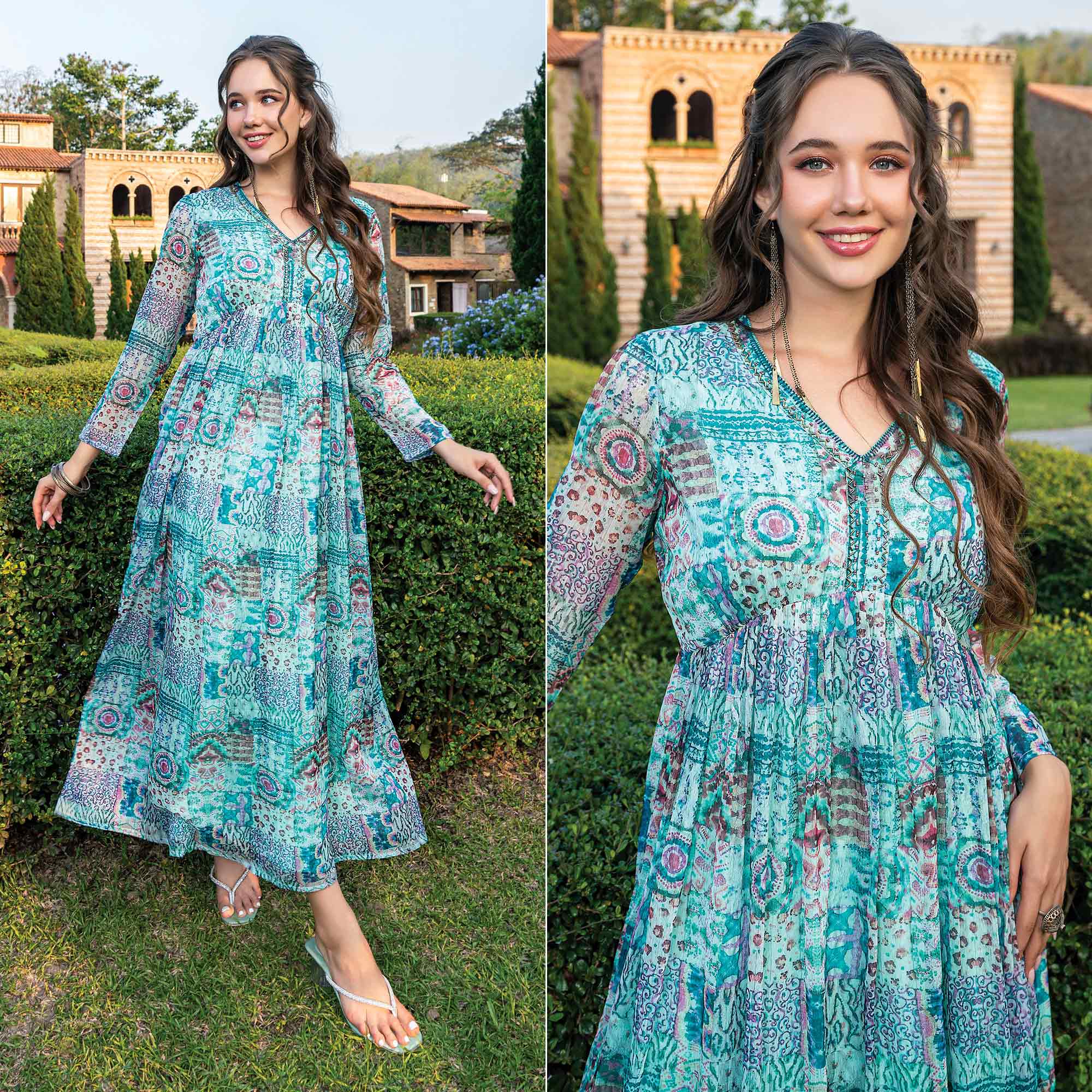 Turquoise Green Printed With Handwork Chiffon Dress