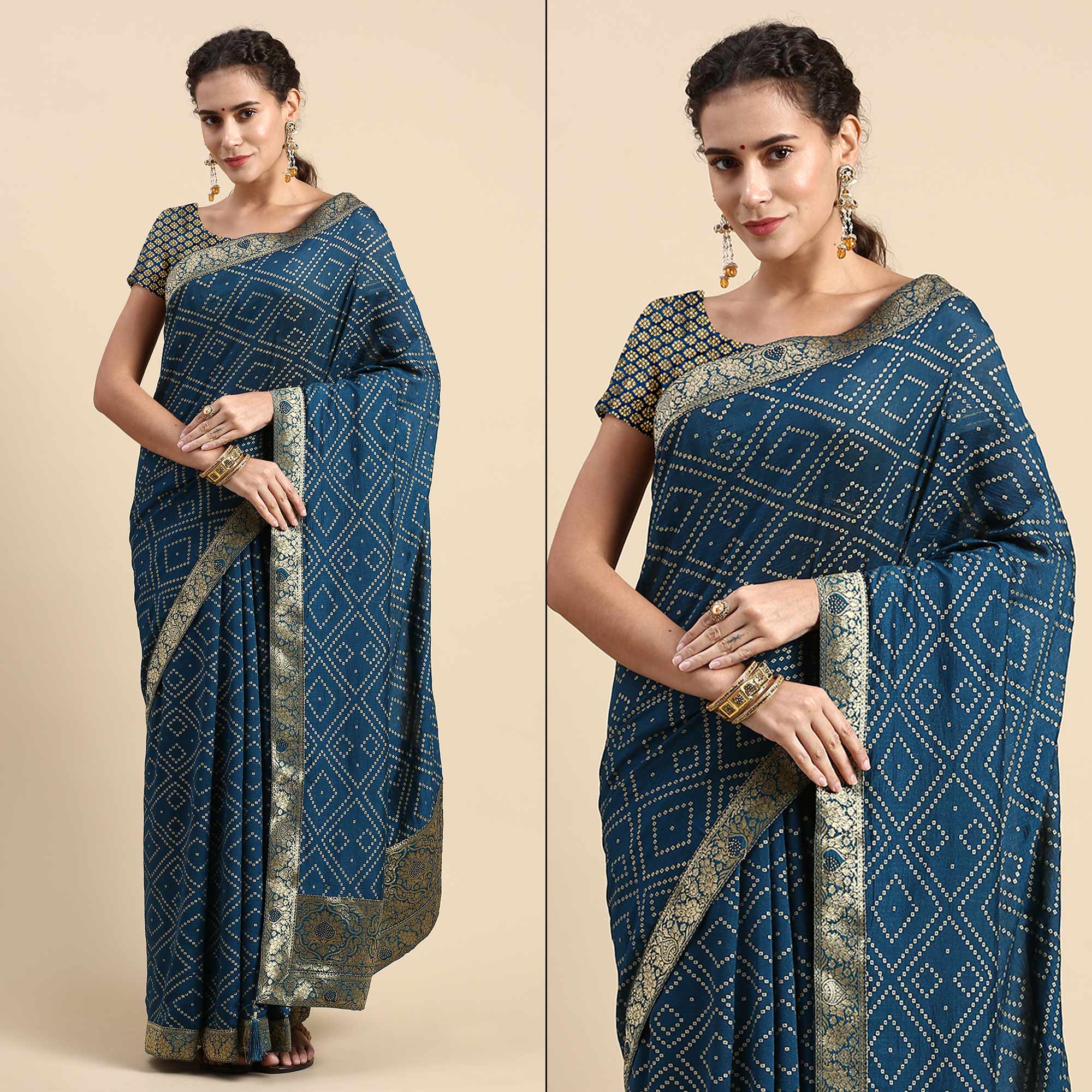 Blue Foil Printed With Swarovski Vichitra Silk Saree