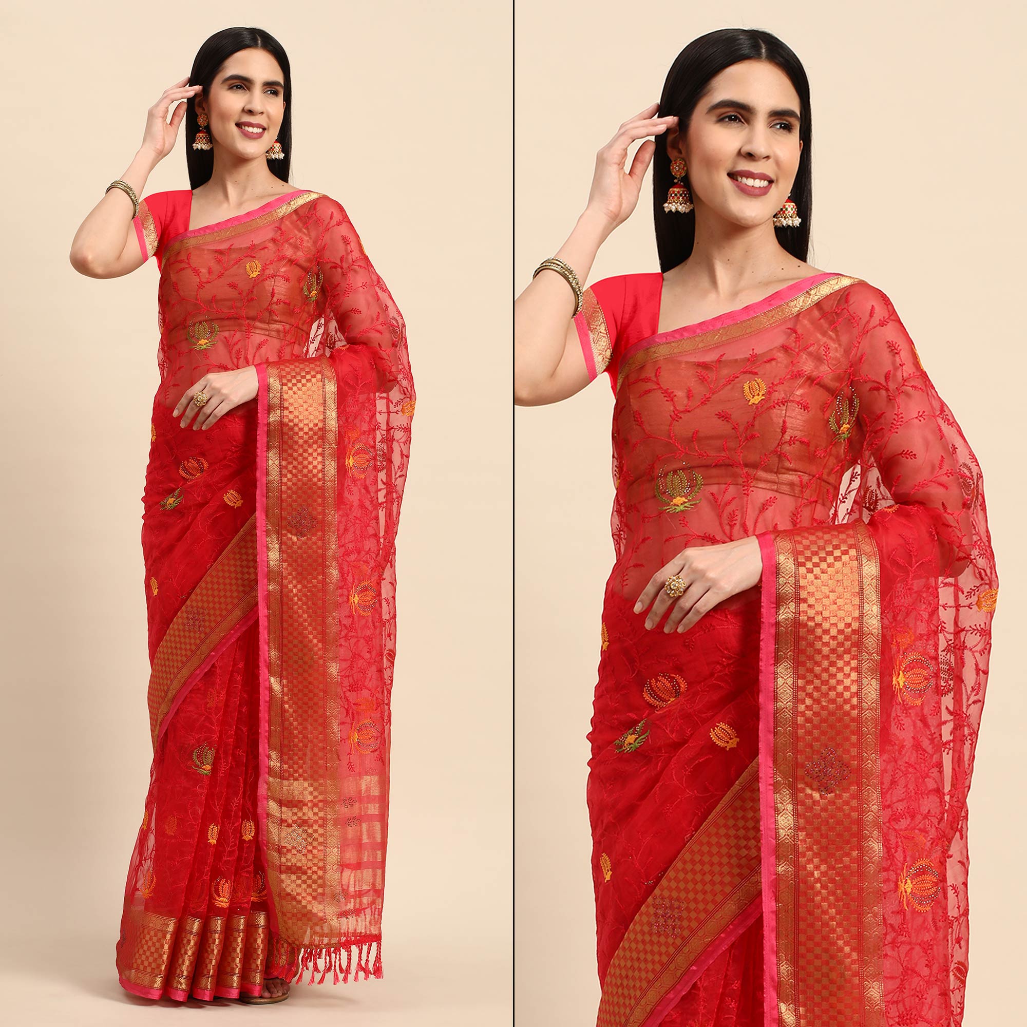 Pink Floral Embroidered Organza Saree