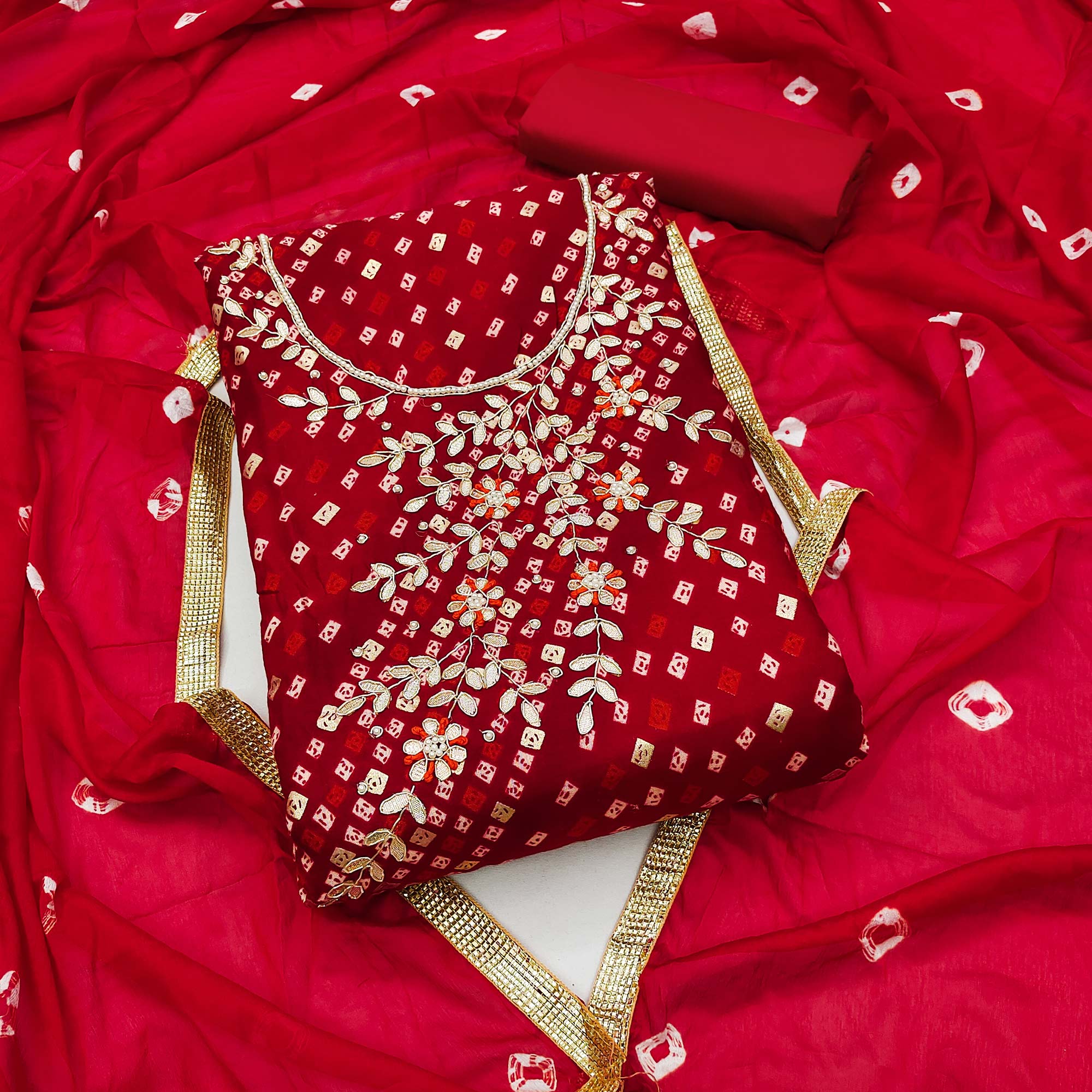 Red Printed With Handwork Pure Cotton Dress Material