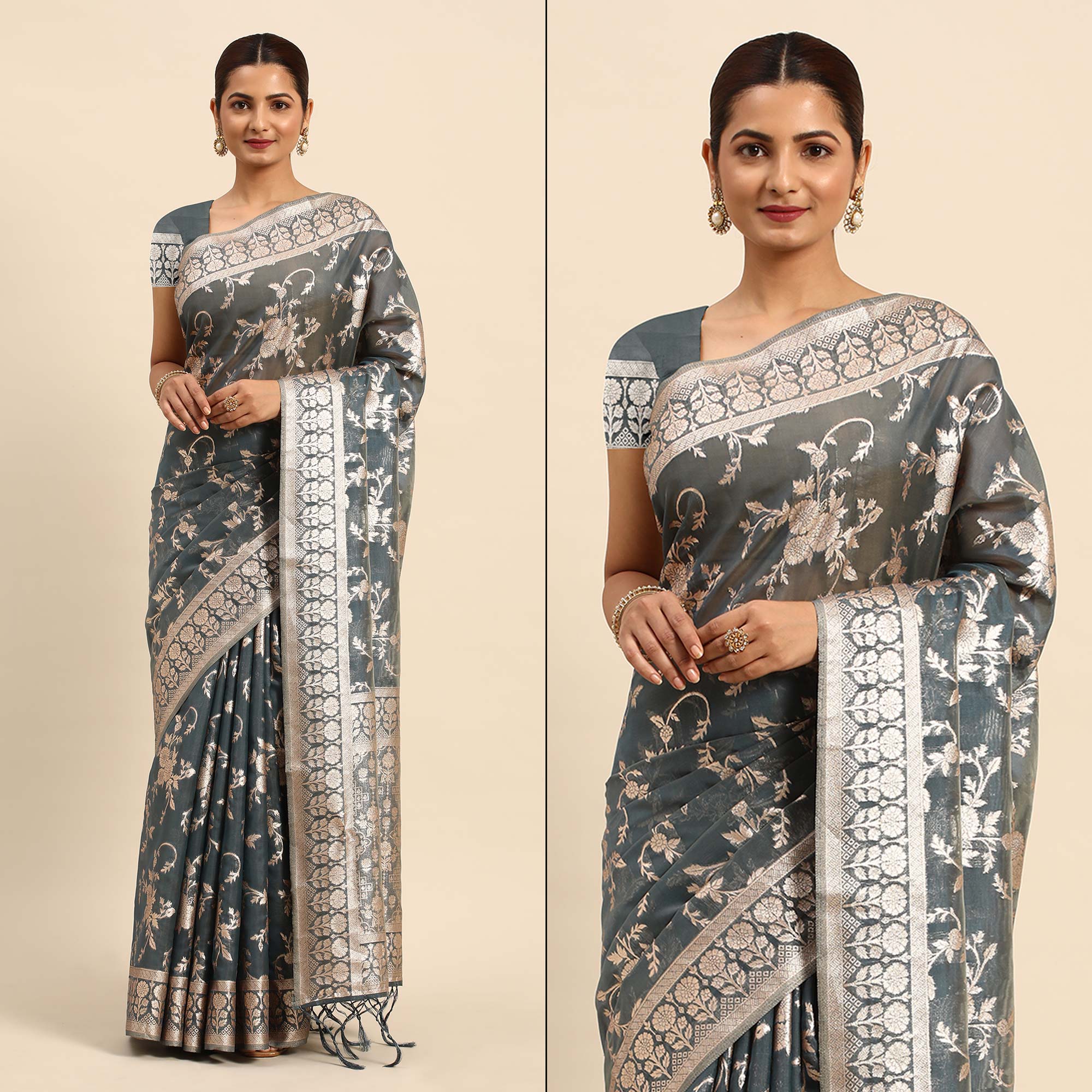 Grey Floral Woven Organza Silk Saree With Tassels