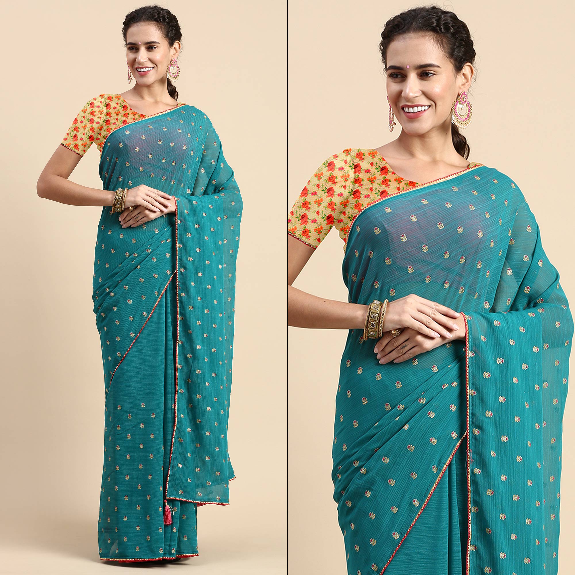 Rama Blue Embroidered Chiffon Saree