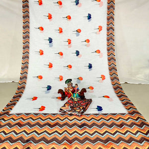 White Floral Digital Printed Linen Saree