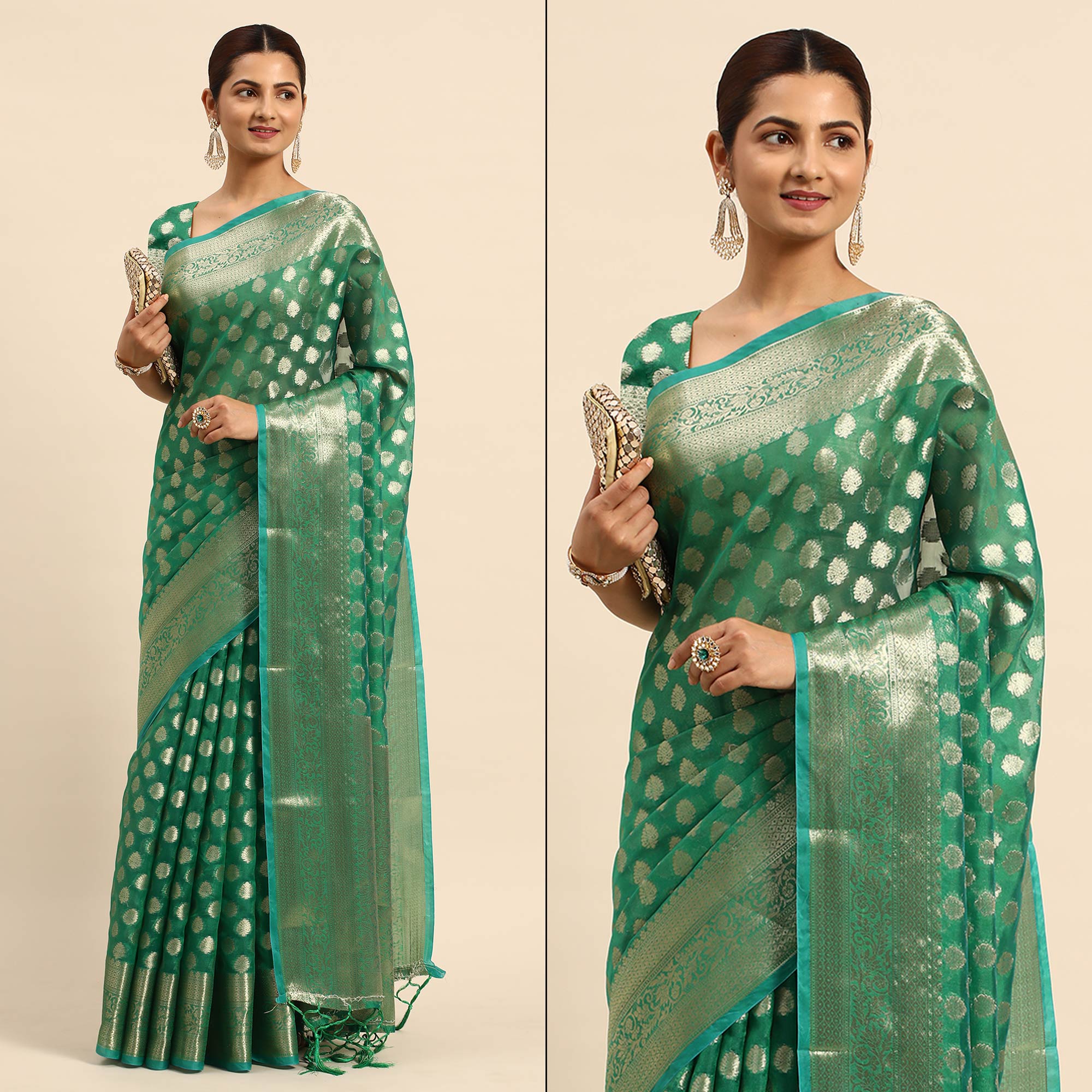 Green Woven Organza Silk Saree With Tassels