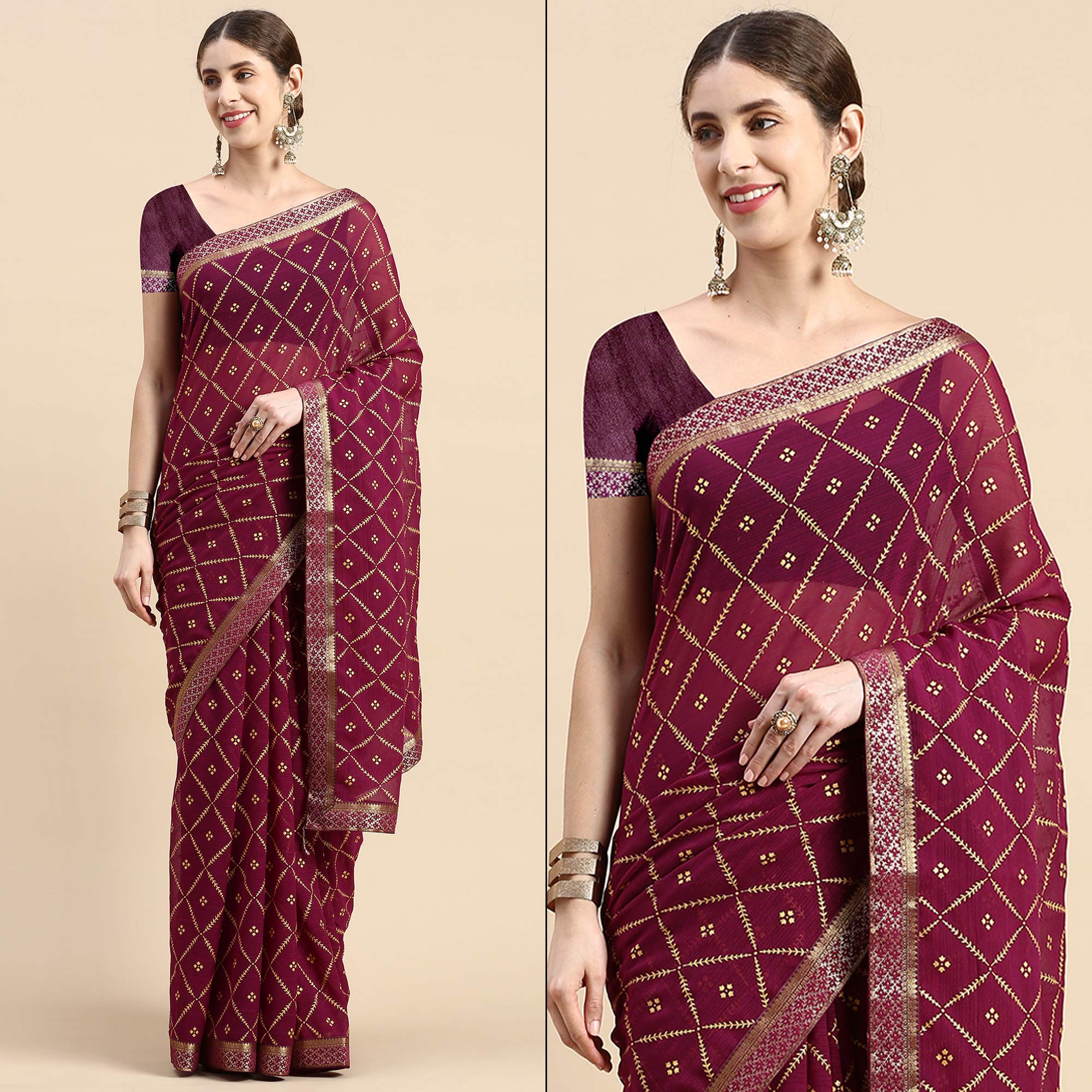 Purple Floral Foil Printed Zomato Saree