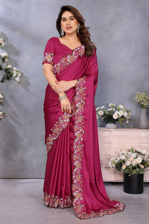 Rose Pink Satin Saree with Artistic Floral Embroidery and Soft Resham Detailing