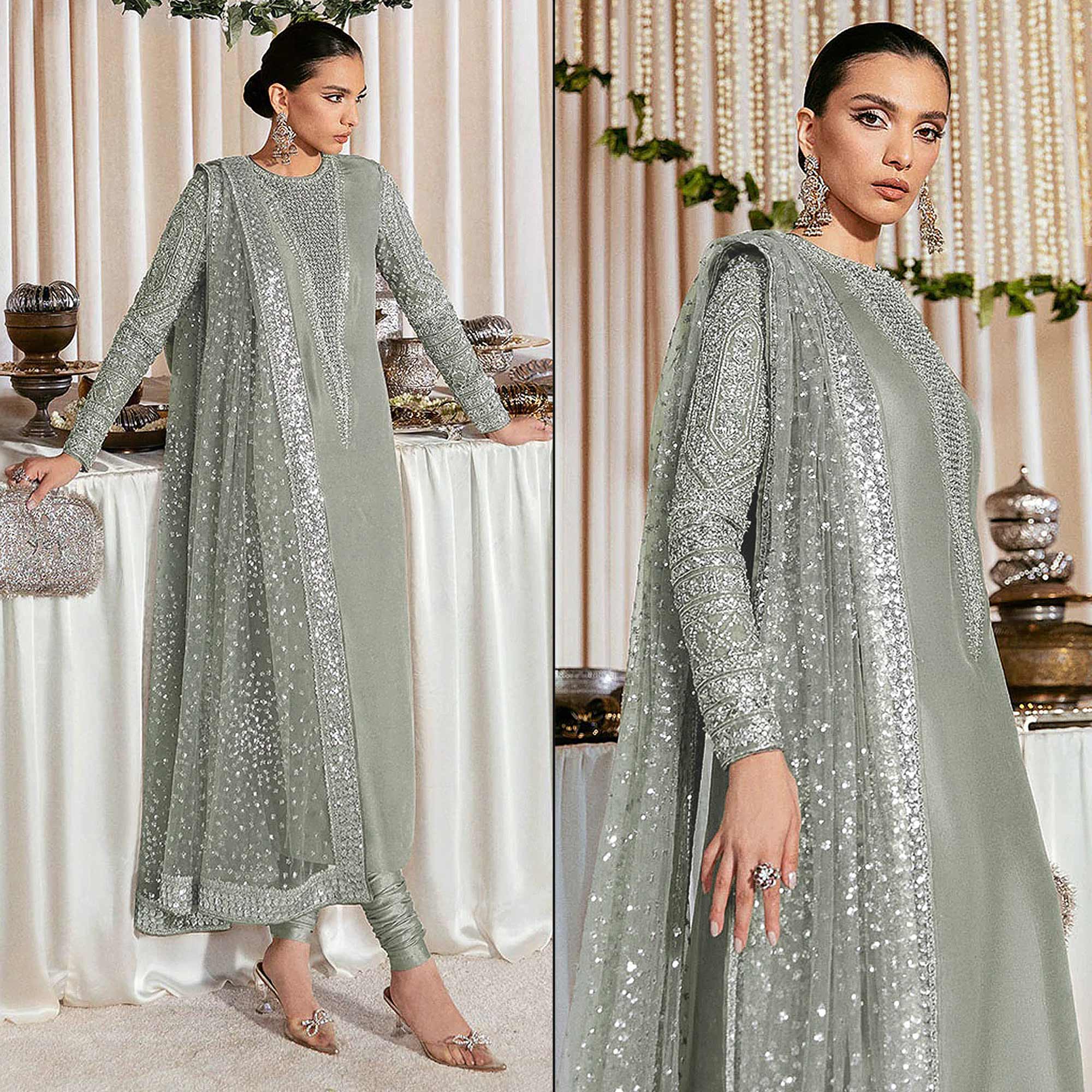 Light Green Sequins Embroidered Georgette Pakistani Suit