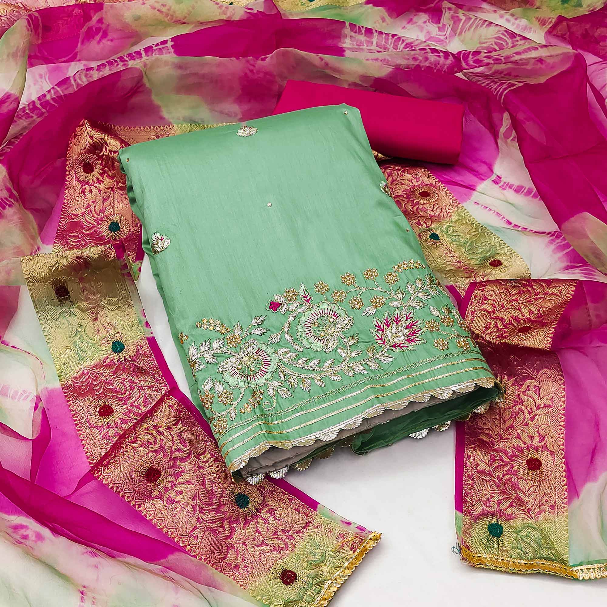 Green Floral Embroidered Pure Cotton Dress Material