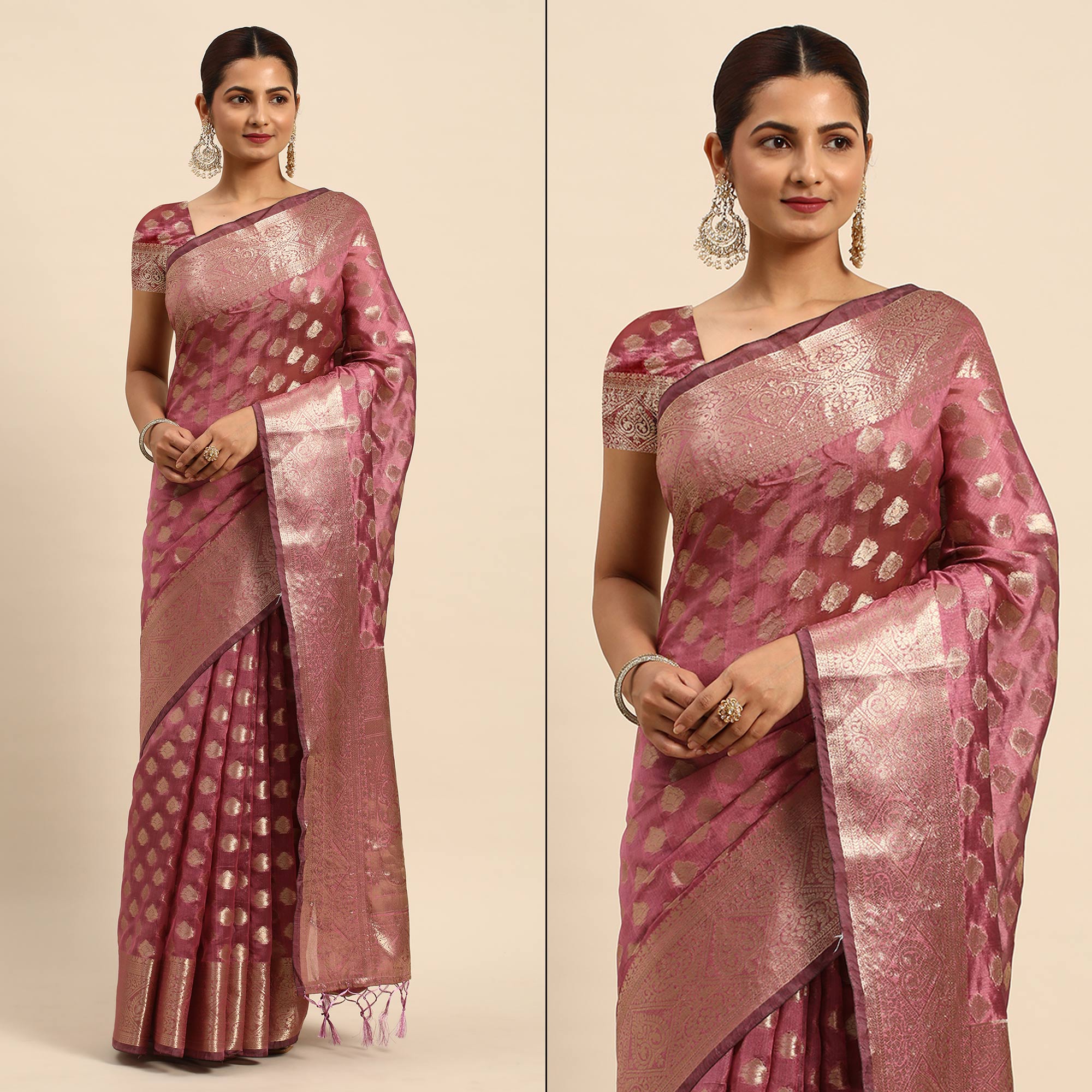Purple Woven Organza Silk Saree With Tassels