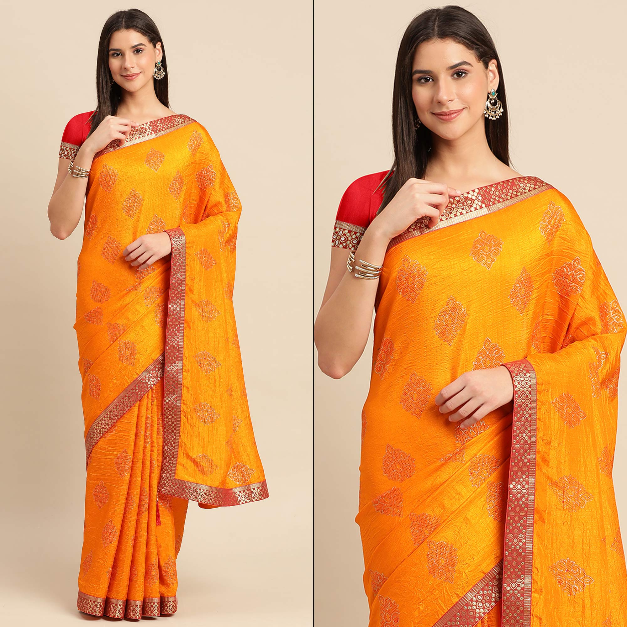 Light Orange Floral Foil Printed Vichitra Silk Saree