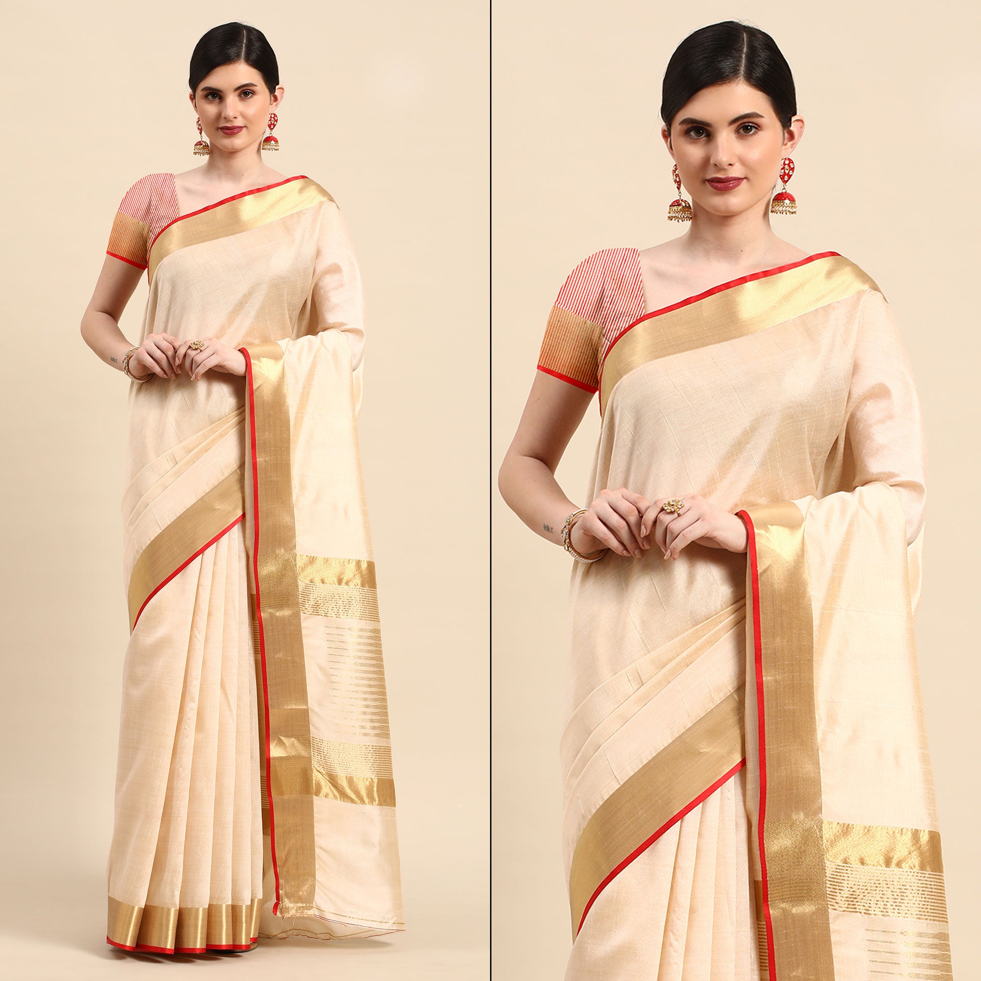 Beige Woven Zari Cotton Silk Saree