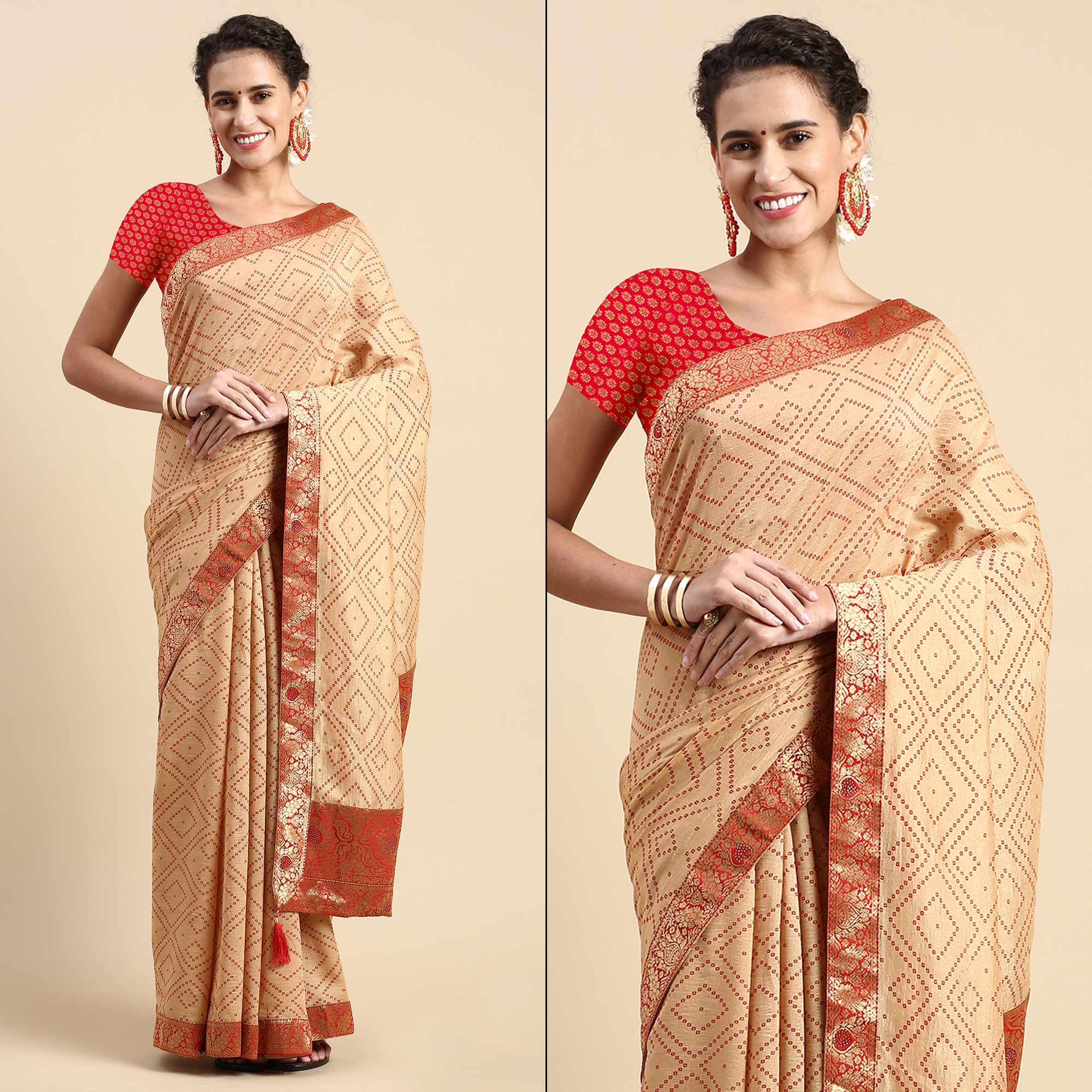 Beige Foil Printed With Swarovski Vichitra Silk Saree