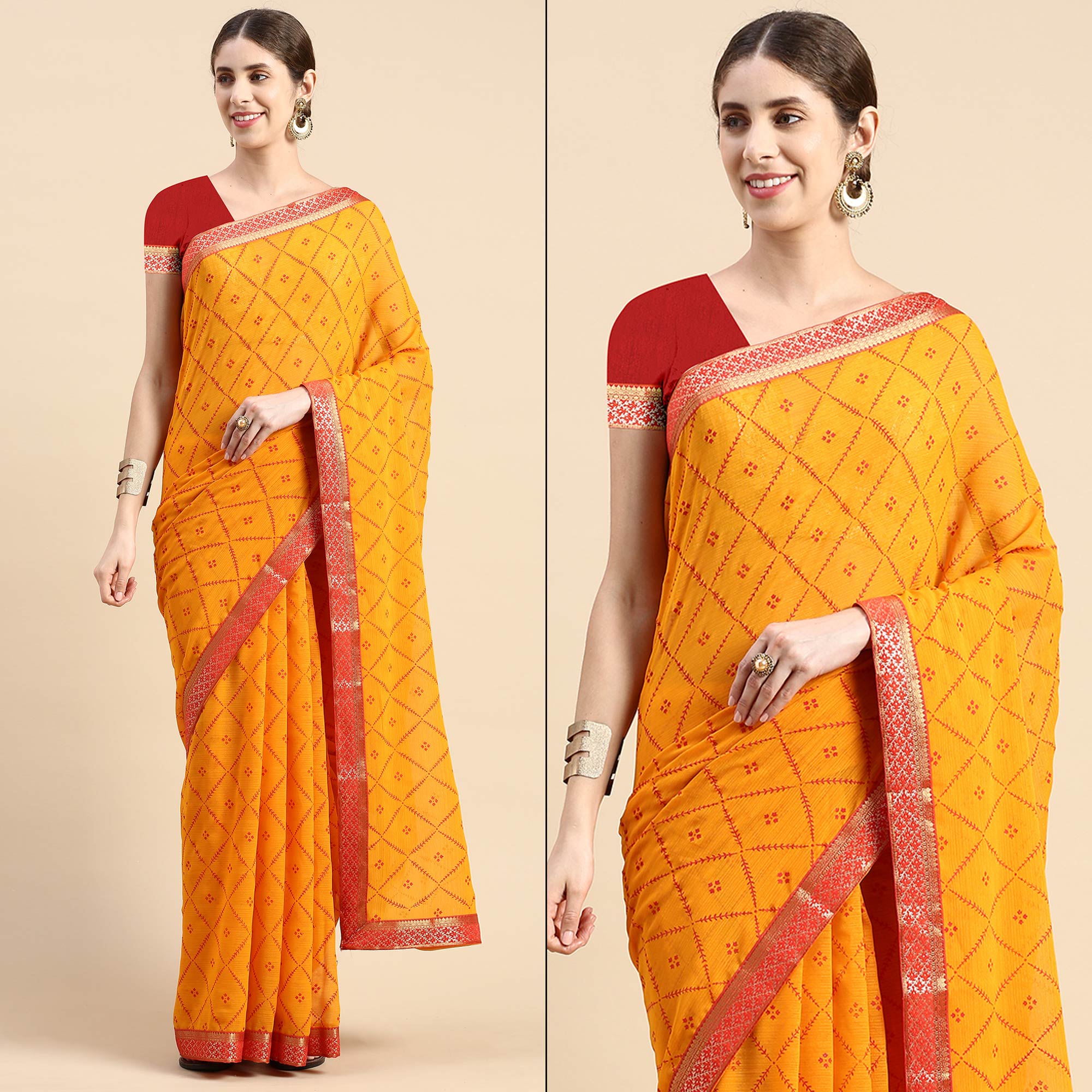 Yellow Floral Foil Printed Zomato Saree