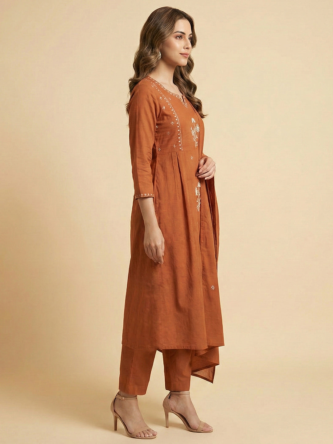Rust Floral Embroidered Pure Cotton Salwar Suit with Flattering A-Line Fit