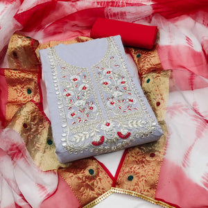 Grey Floral Embroidered Pure Cotton Dress Material