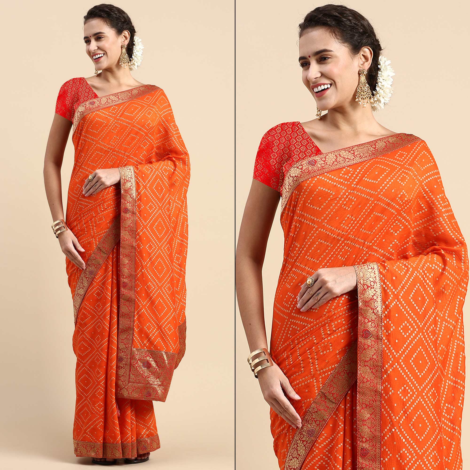 Orange Foil Printed With Swarovski Vichitra Silk Saree