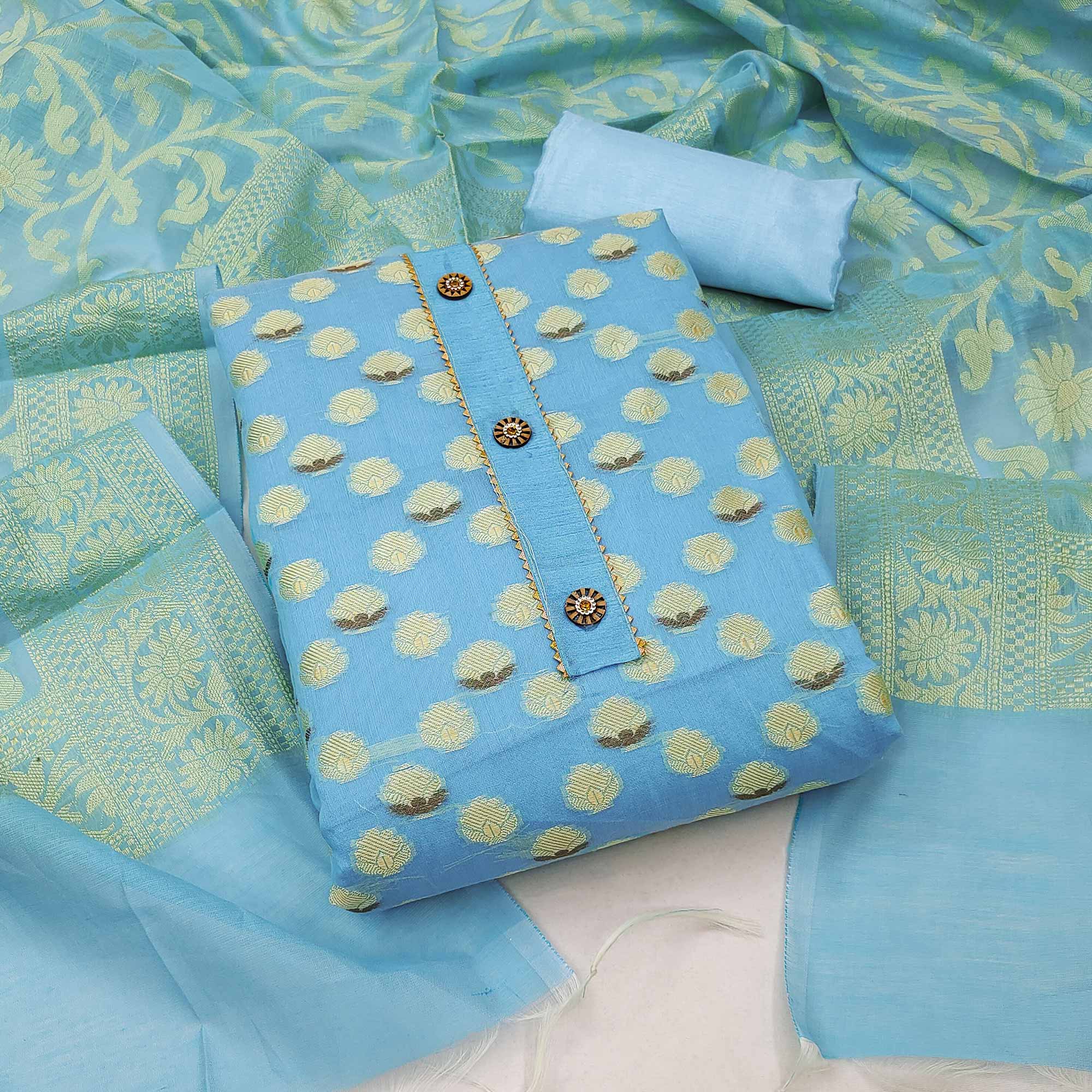 Blue Woven Banarasi Silk Dress Material
