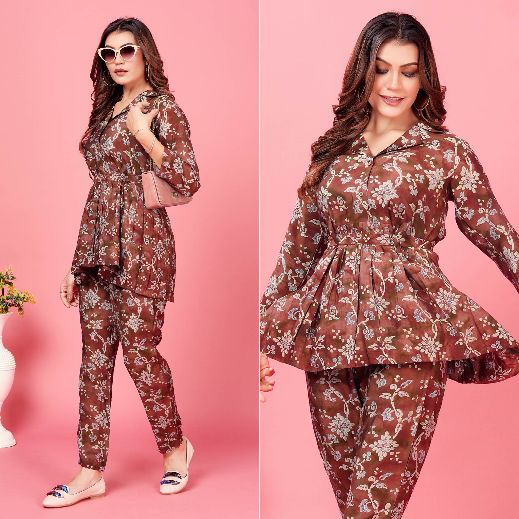 Brown Floral Printed Chanderi Co Ord Set