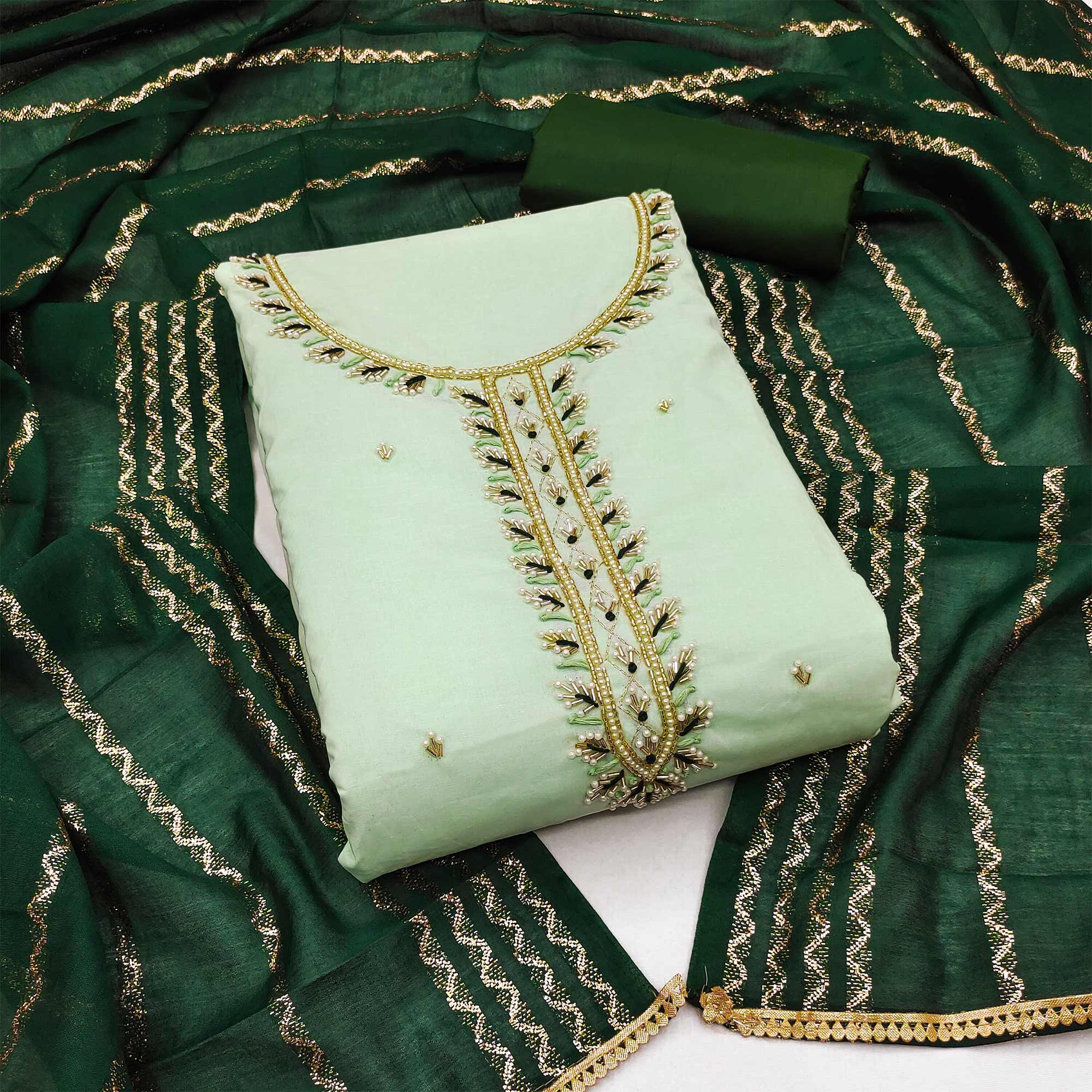Green Zardosi Moti Work Pure Cotton Dress Material
