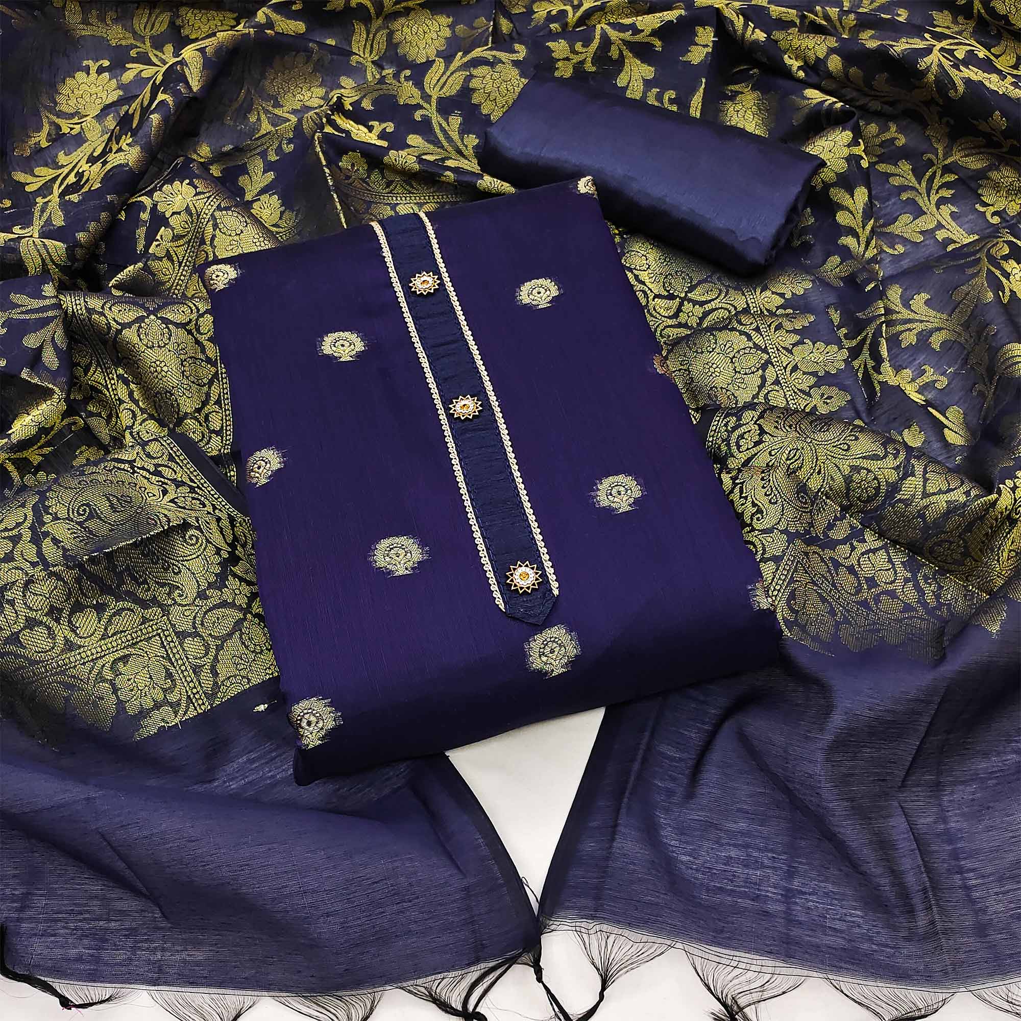Navy Blue Floral Woven Banarasi Silk Dress Material