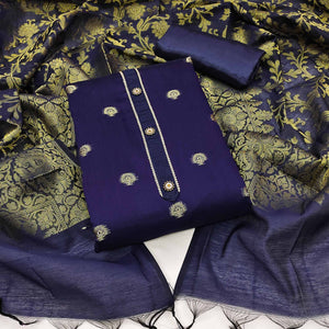 Navy Blue Floral Woven Banarasi Silk Dress Material