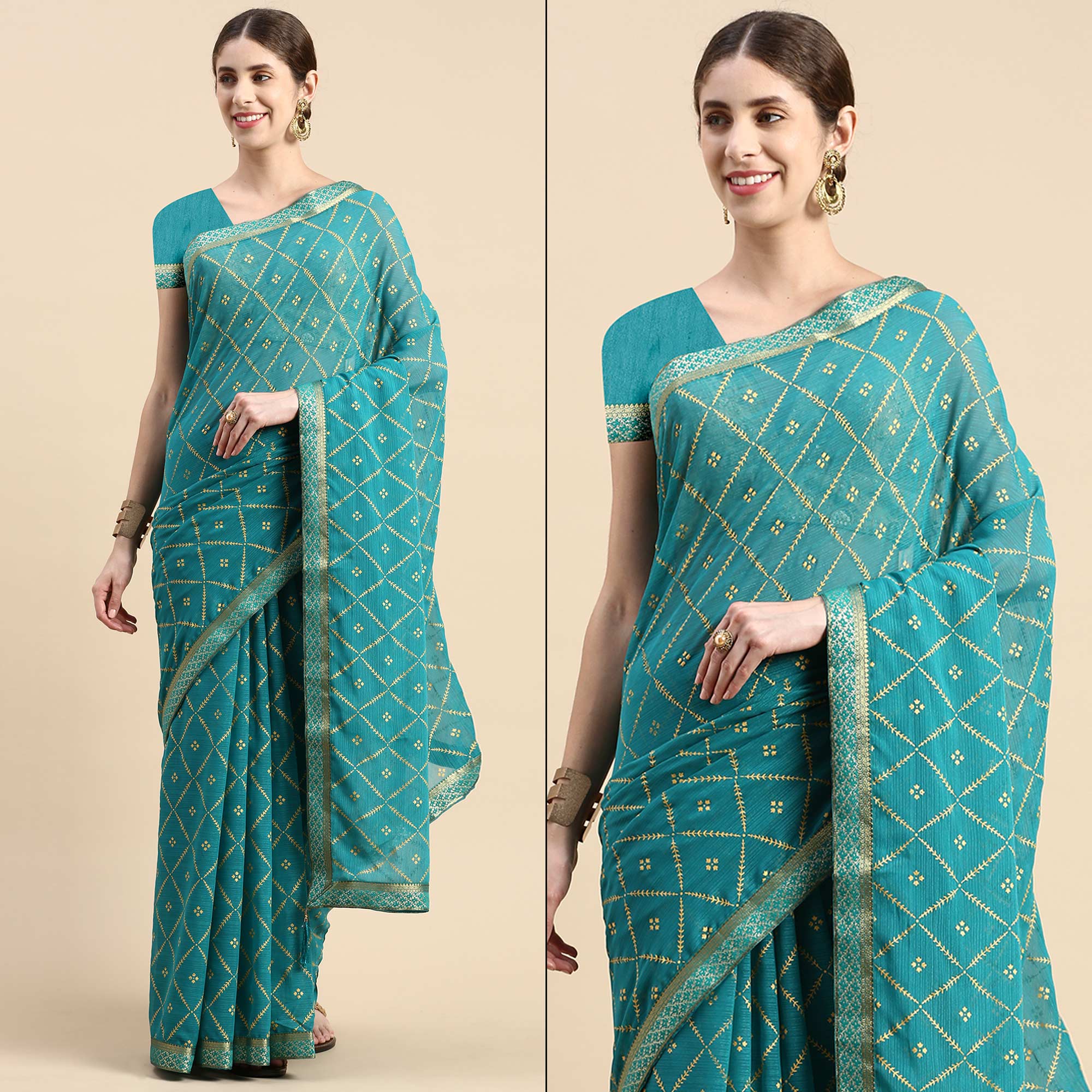 Turquoise Green Floral Foil Printed Zomato Saree