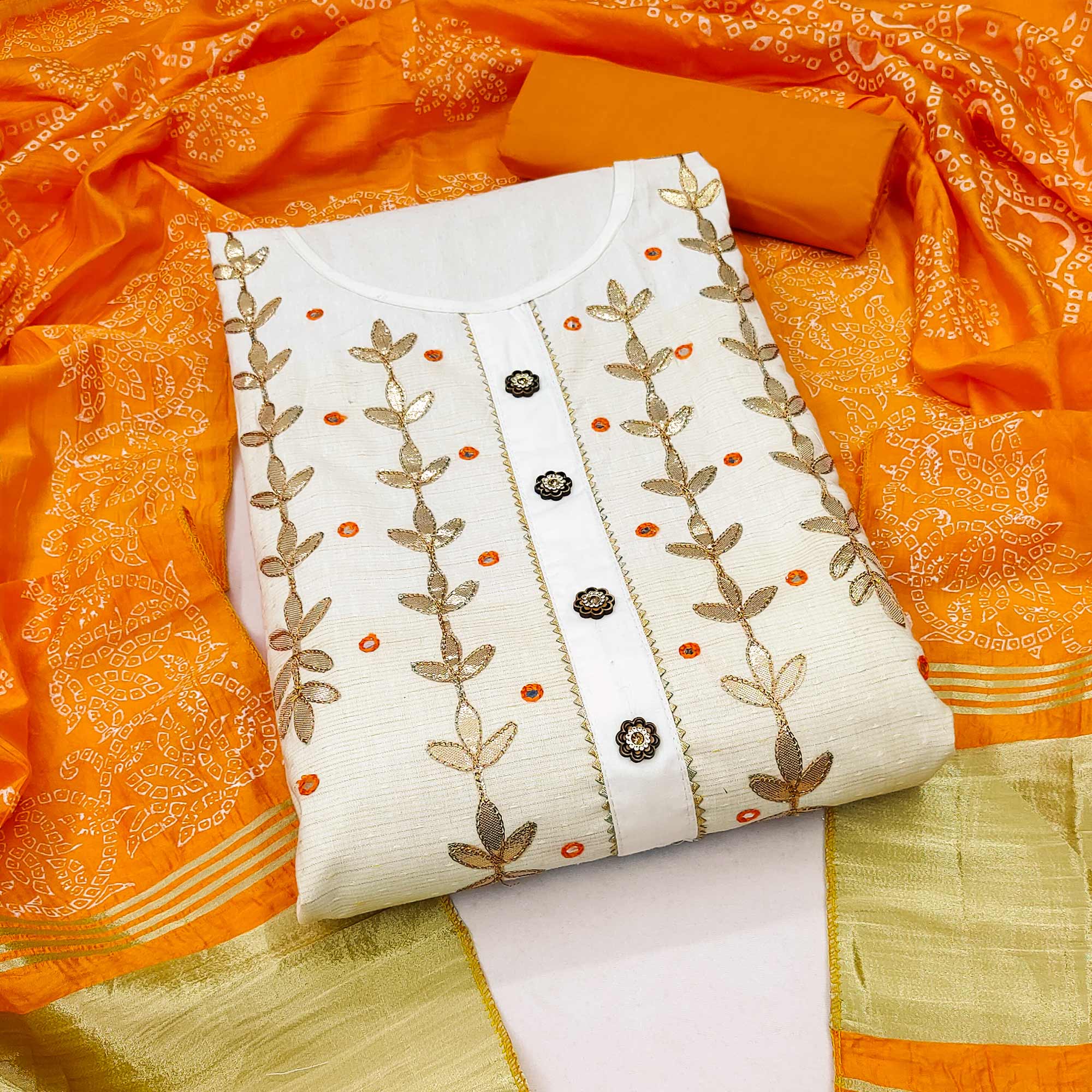 White & Orange Floral Gota Patti Work Pure Cotton Dress Material