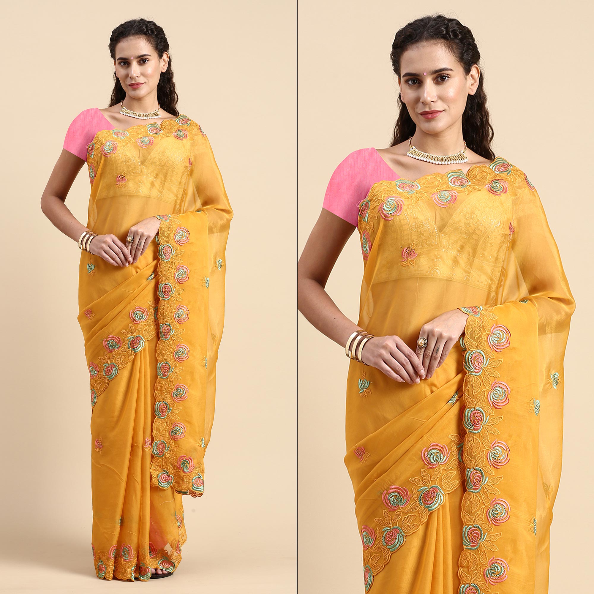 Yellow Floral Embroidered Organza Saree