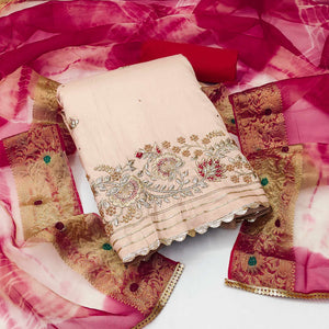 Beige Floral Embroidered Pure Cotton Dress Material