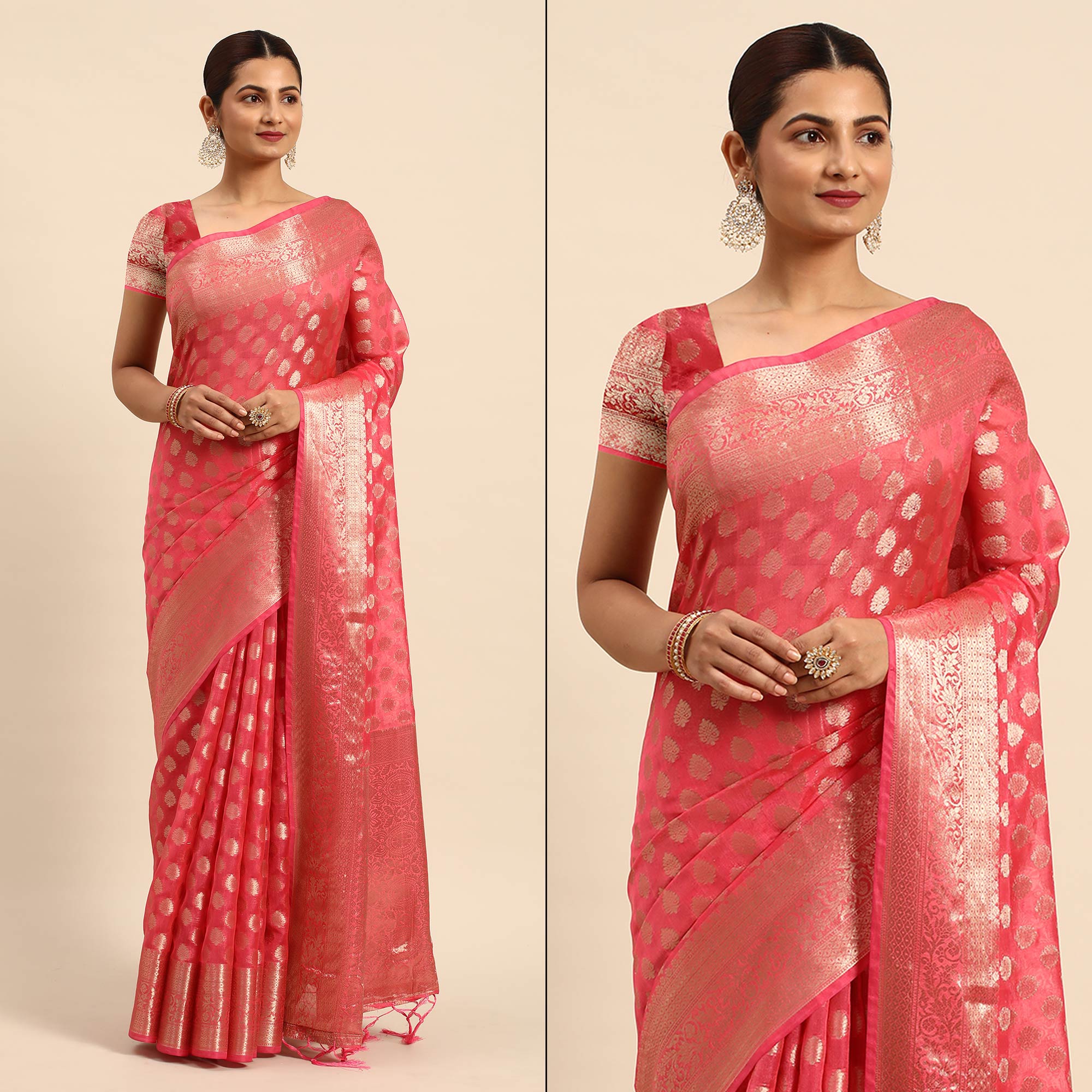 Gajari Pink Woven Organza Silk Saree With Tassels