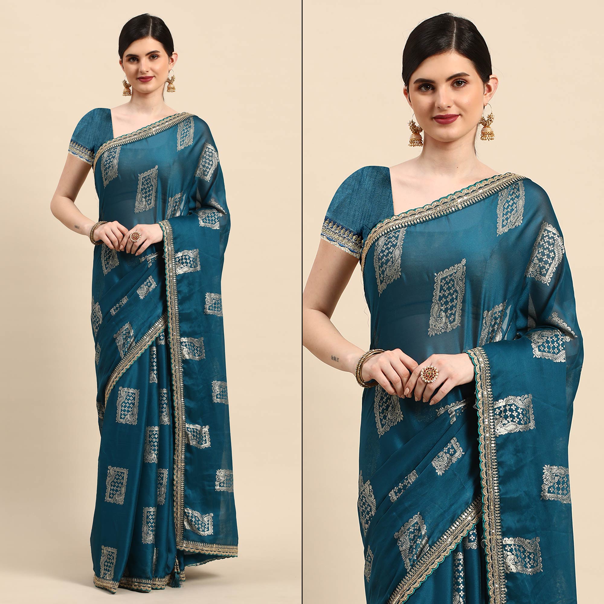 Blue Foil Printed With Embroidered Border Chiffon Saree