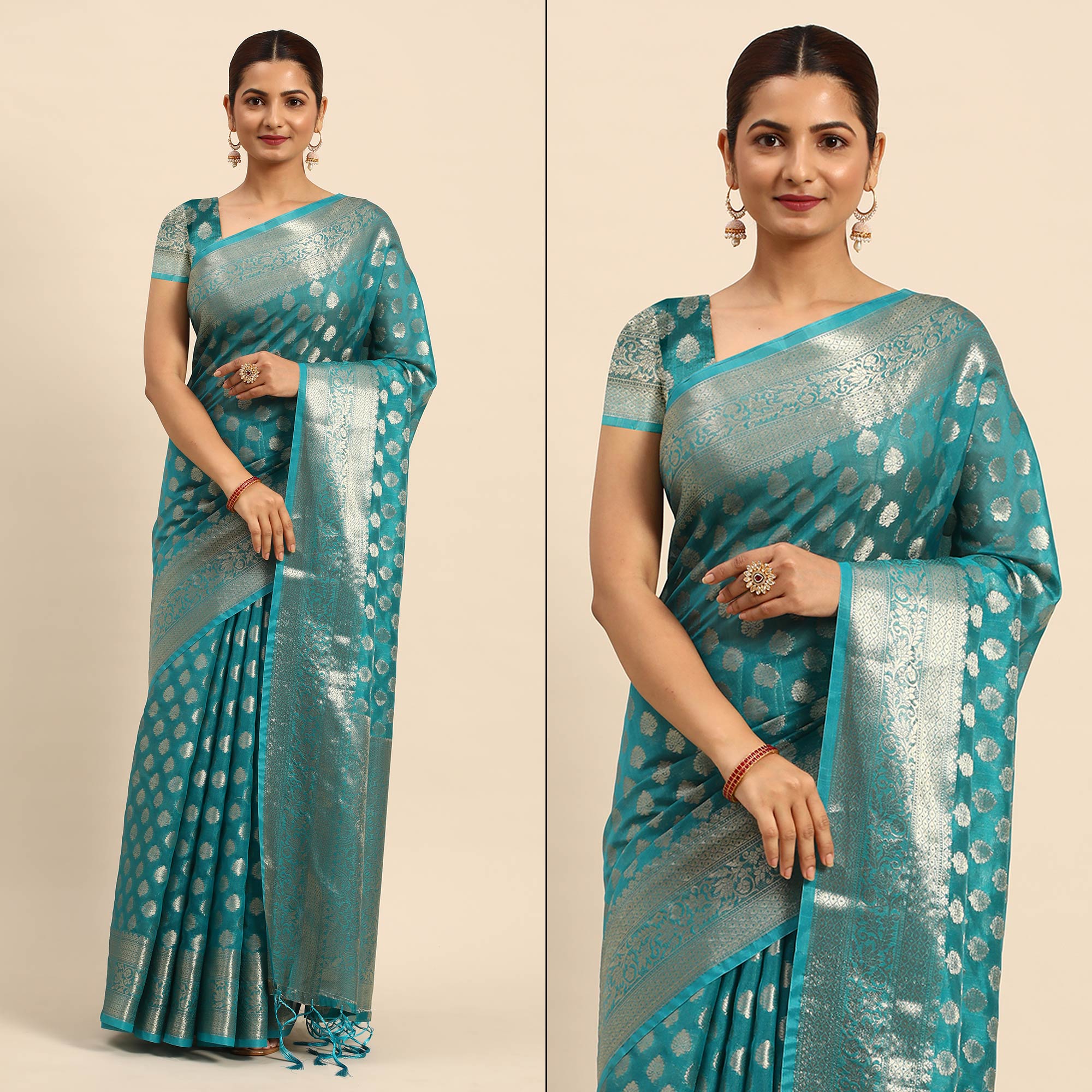 Turquoise Woven Organza Silk Saree With Tassels