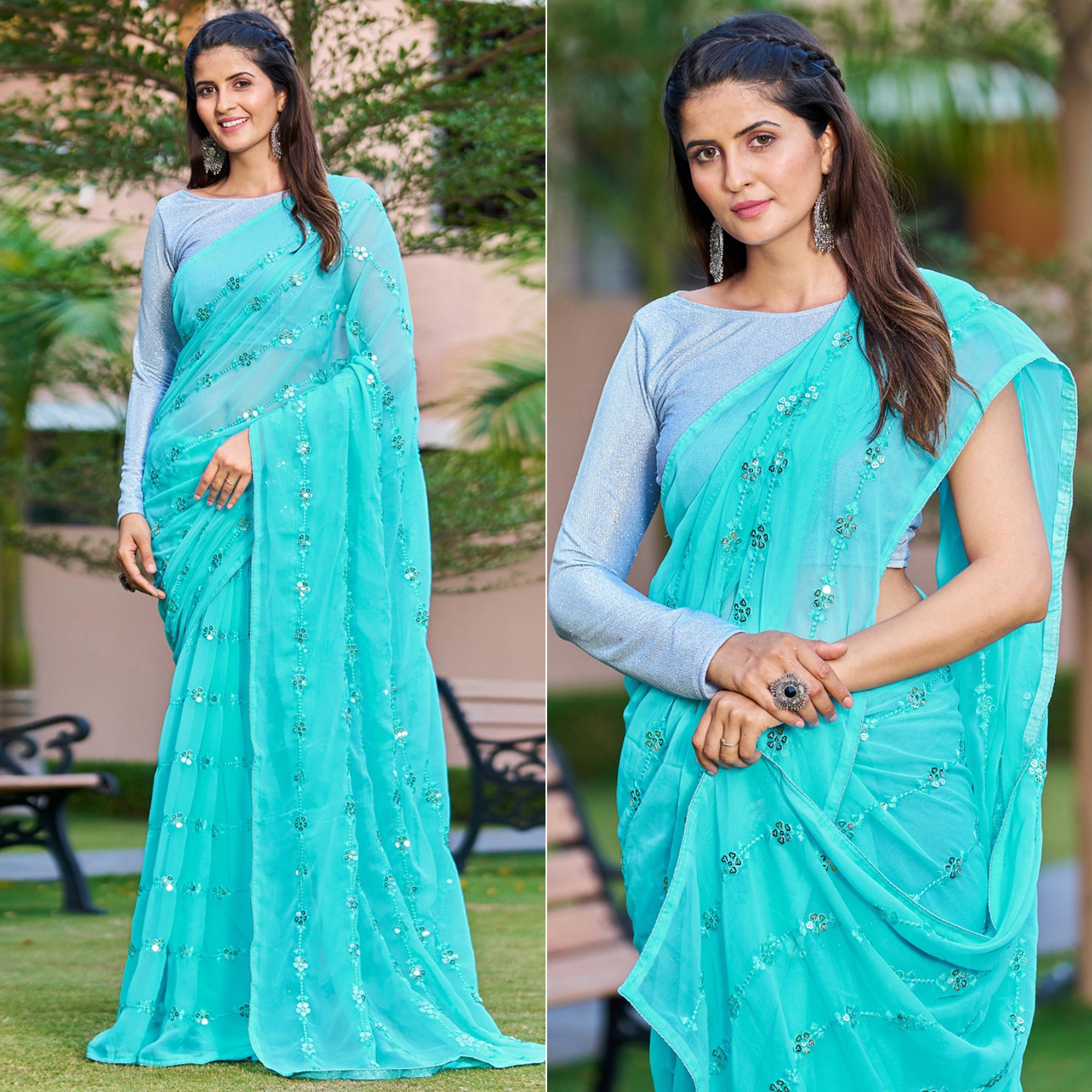 Blue Sequins Embroidered Georgette Saree