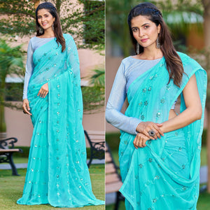 Blue Sequins Embroidered Georgette Saree