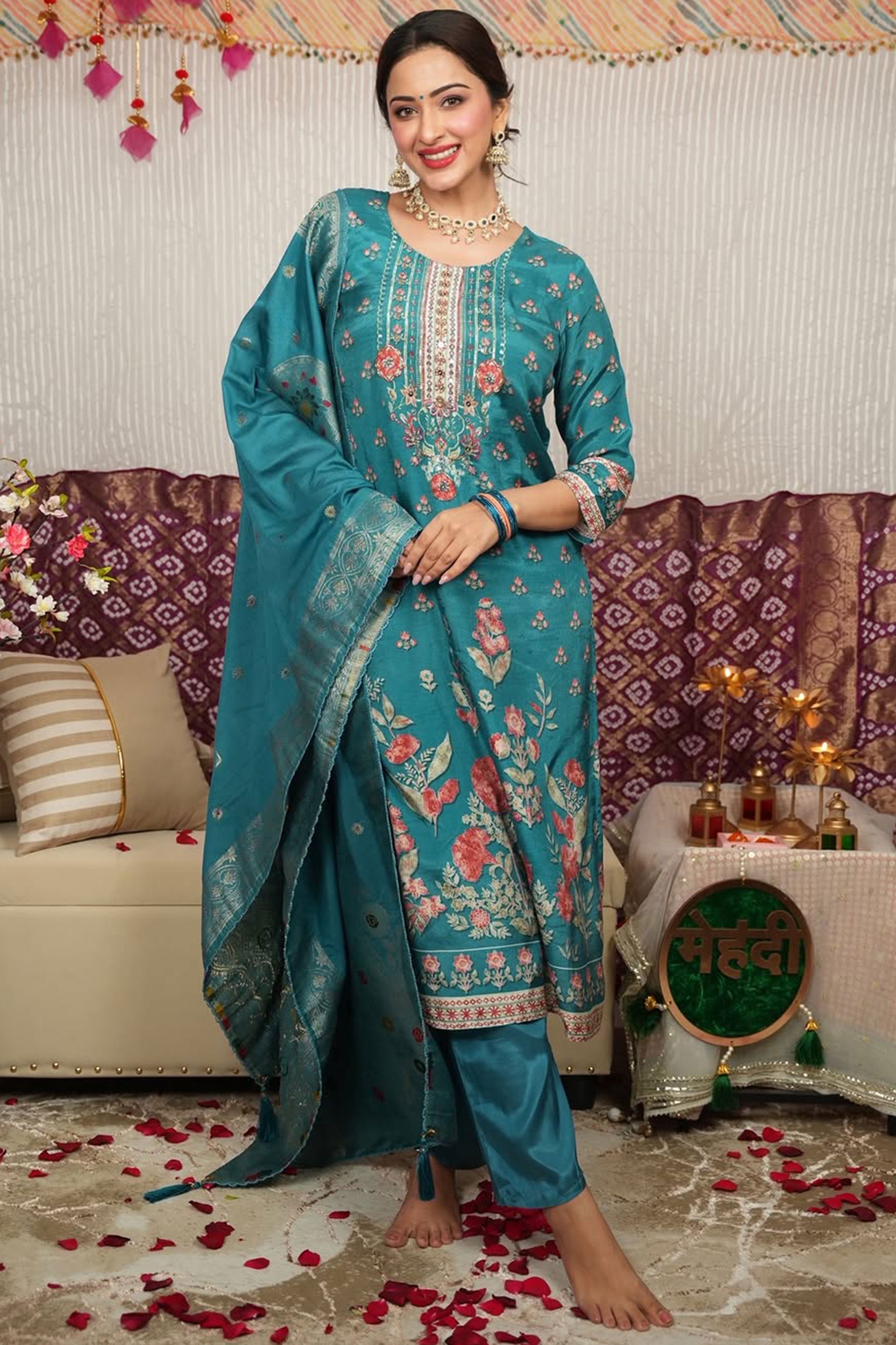 Beautiful Turquoise Floral Printed Straight Suit Designed in Lightweight Pure Muslin