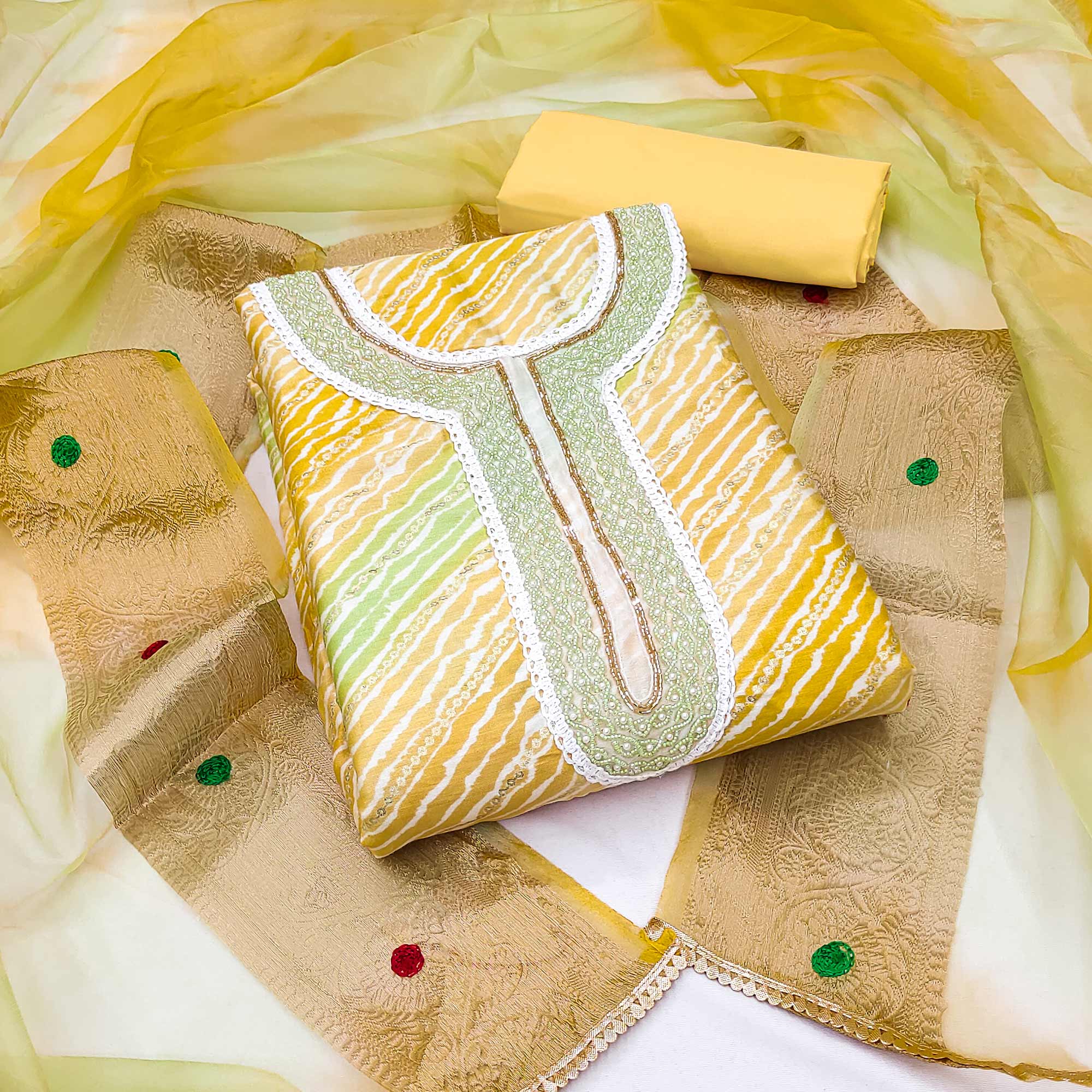 Yellow Printed With Handwork Pure Cotton Dress Material