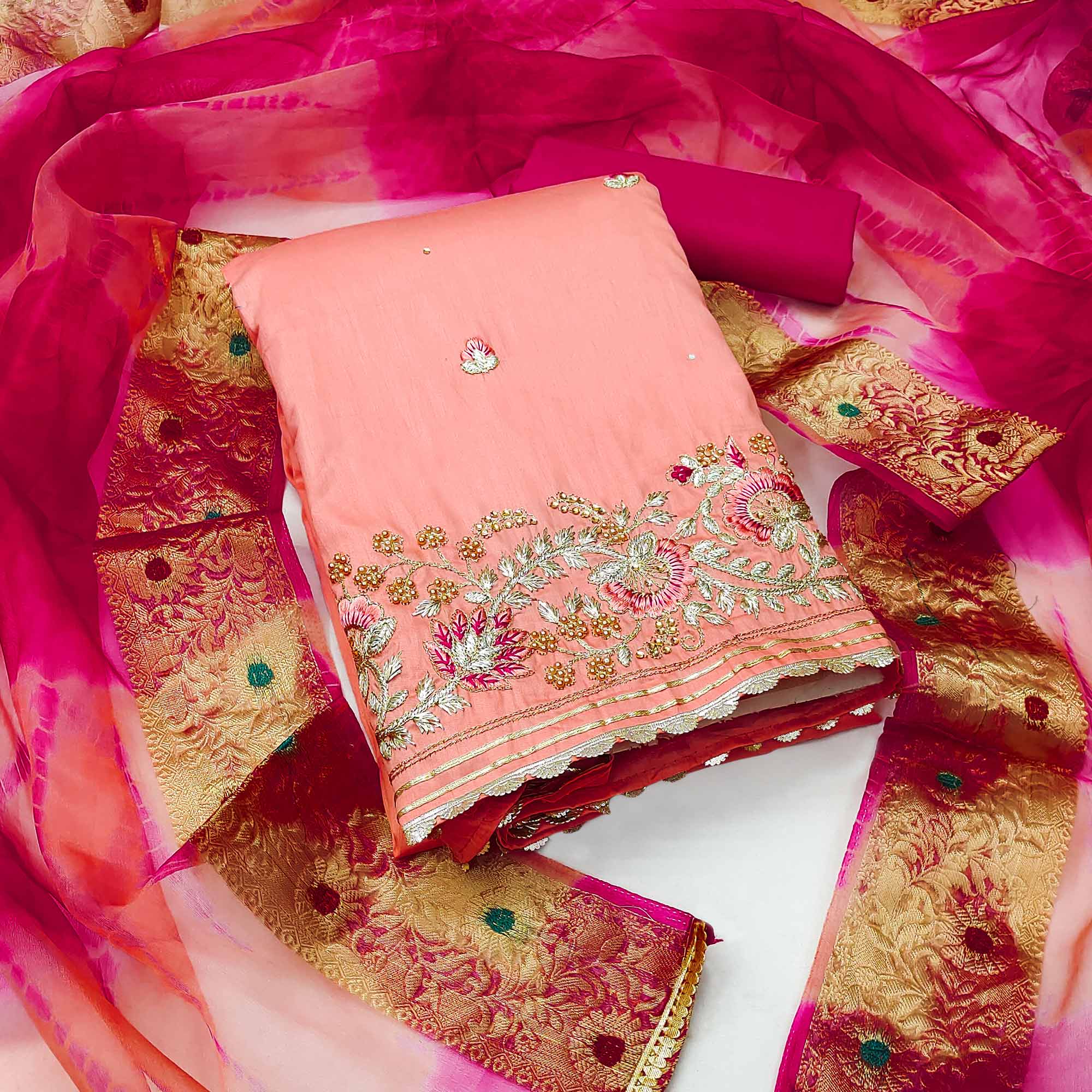 Peach Floral Embroidered Pure Cotton Dress Material