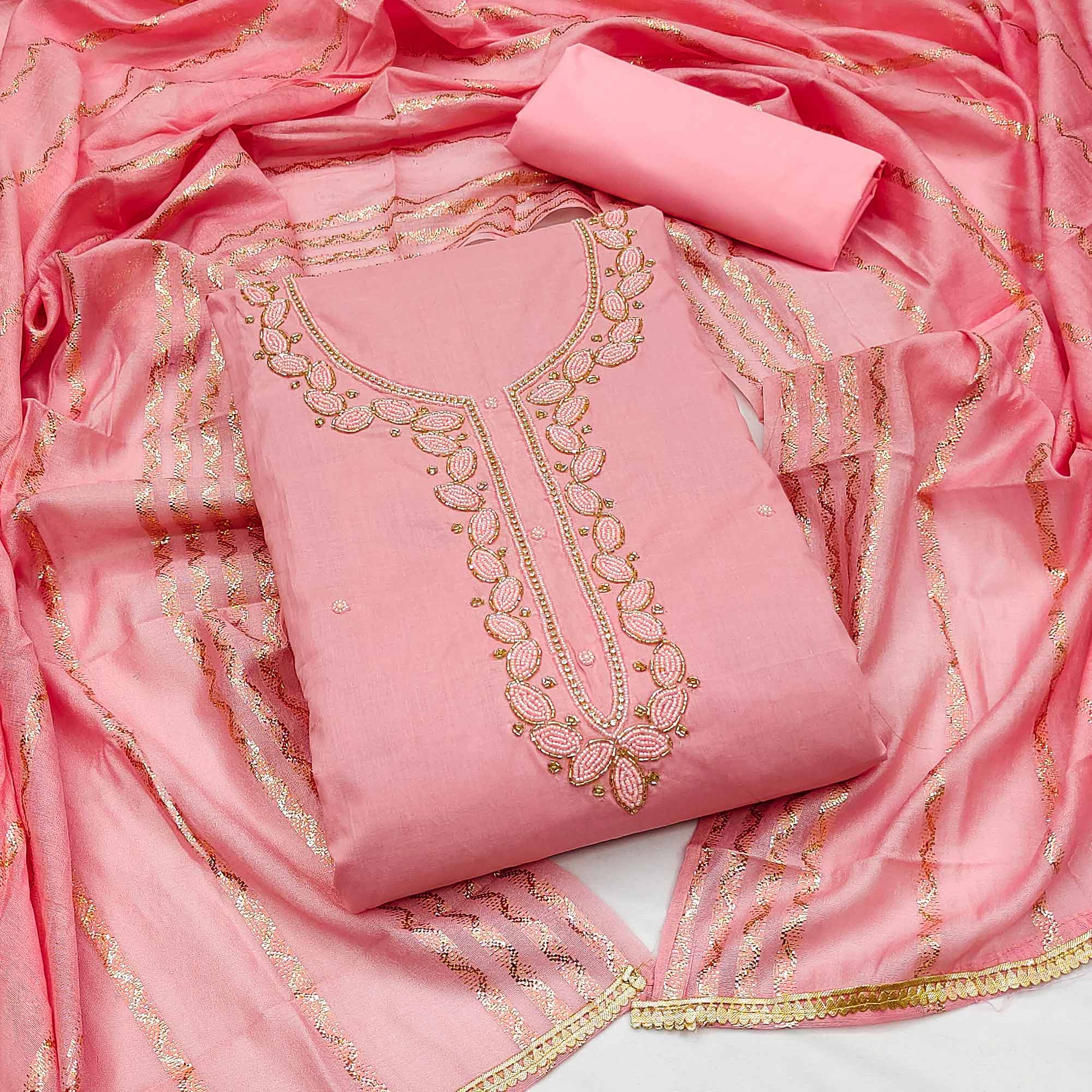 Peach Zardosi Moti Work Pure Cotton Dress Material